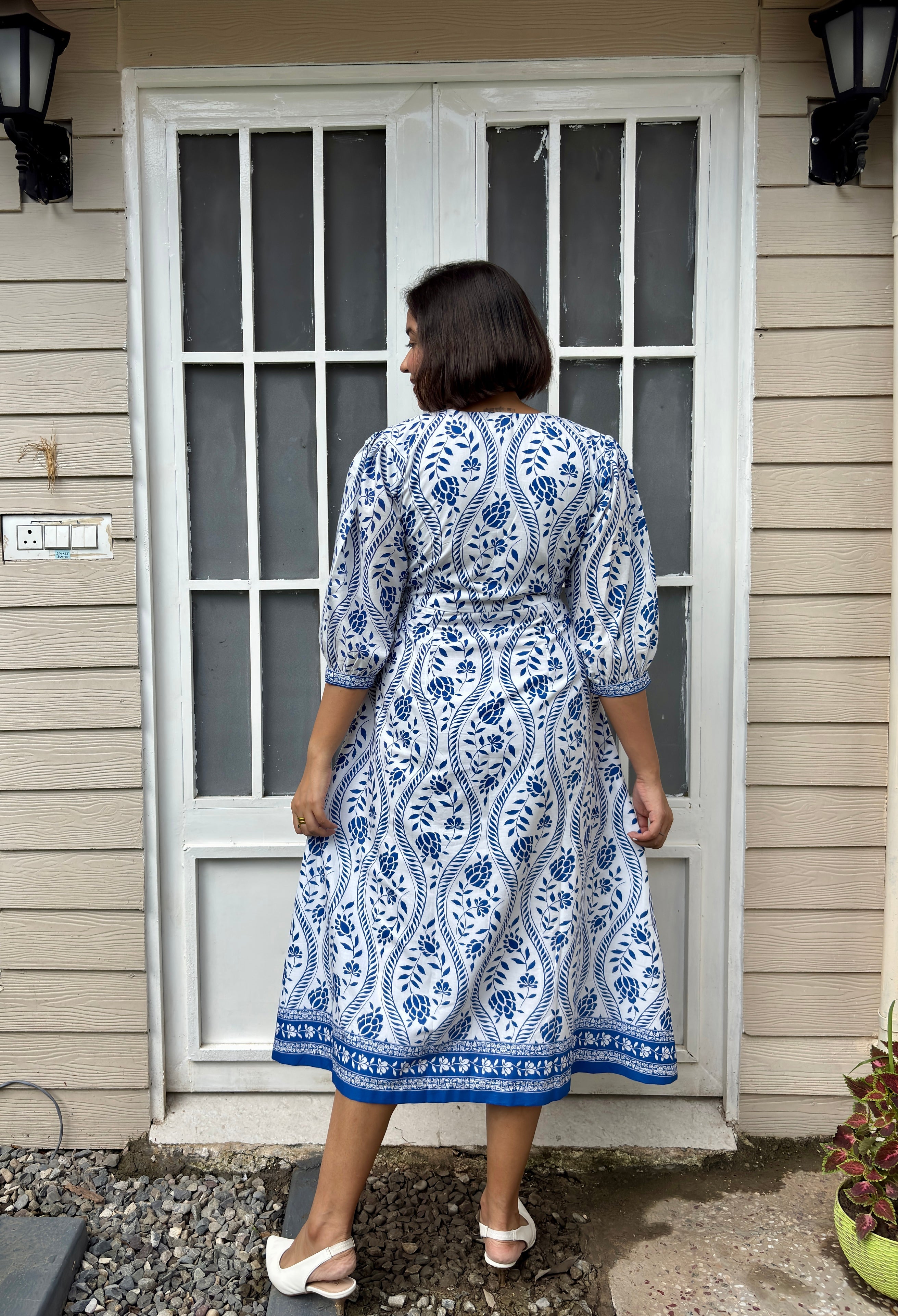 White Blue Printed Cotton Midi Dress image 1