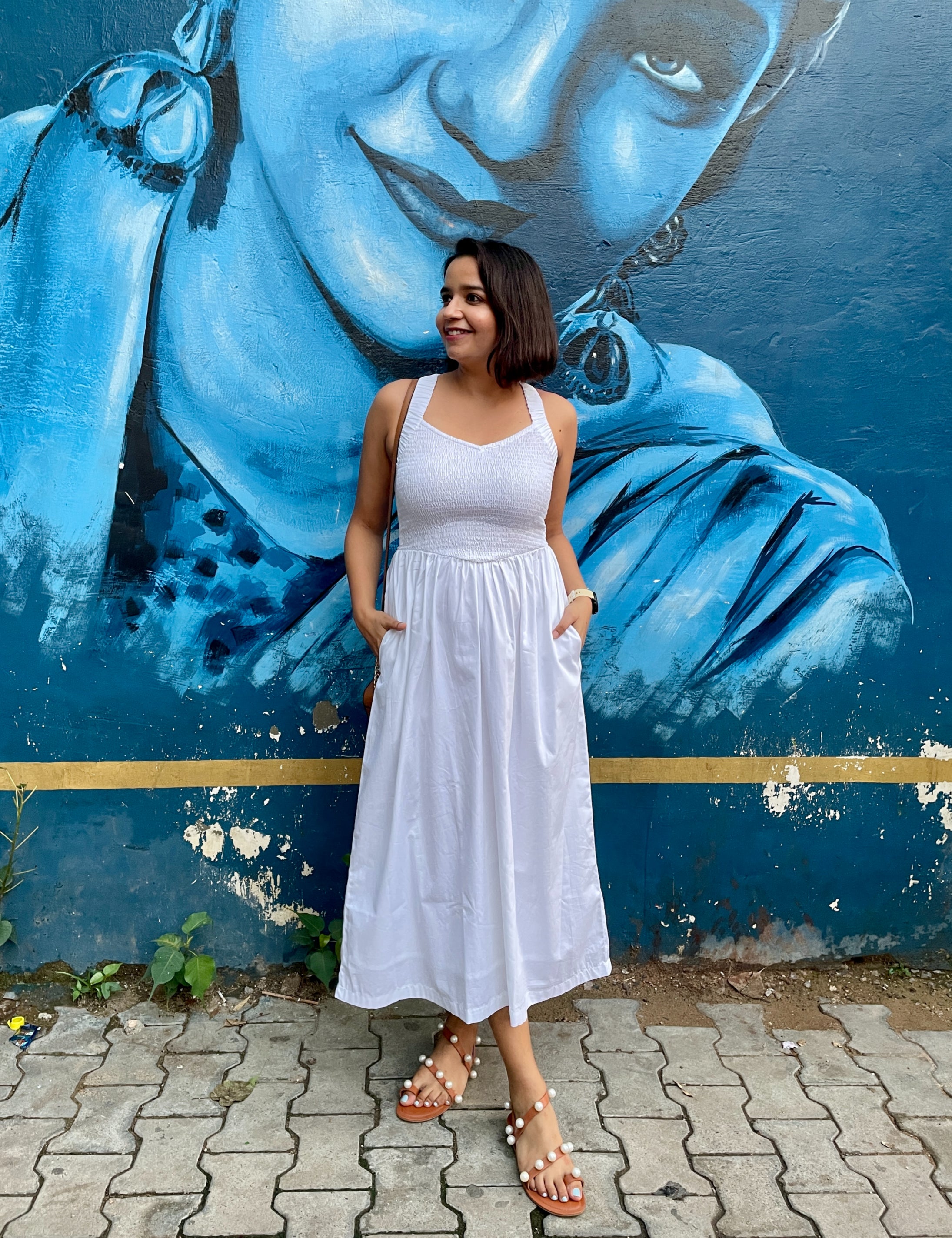 White Smocked Cotton Midi Dress with Pockets image 0