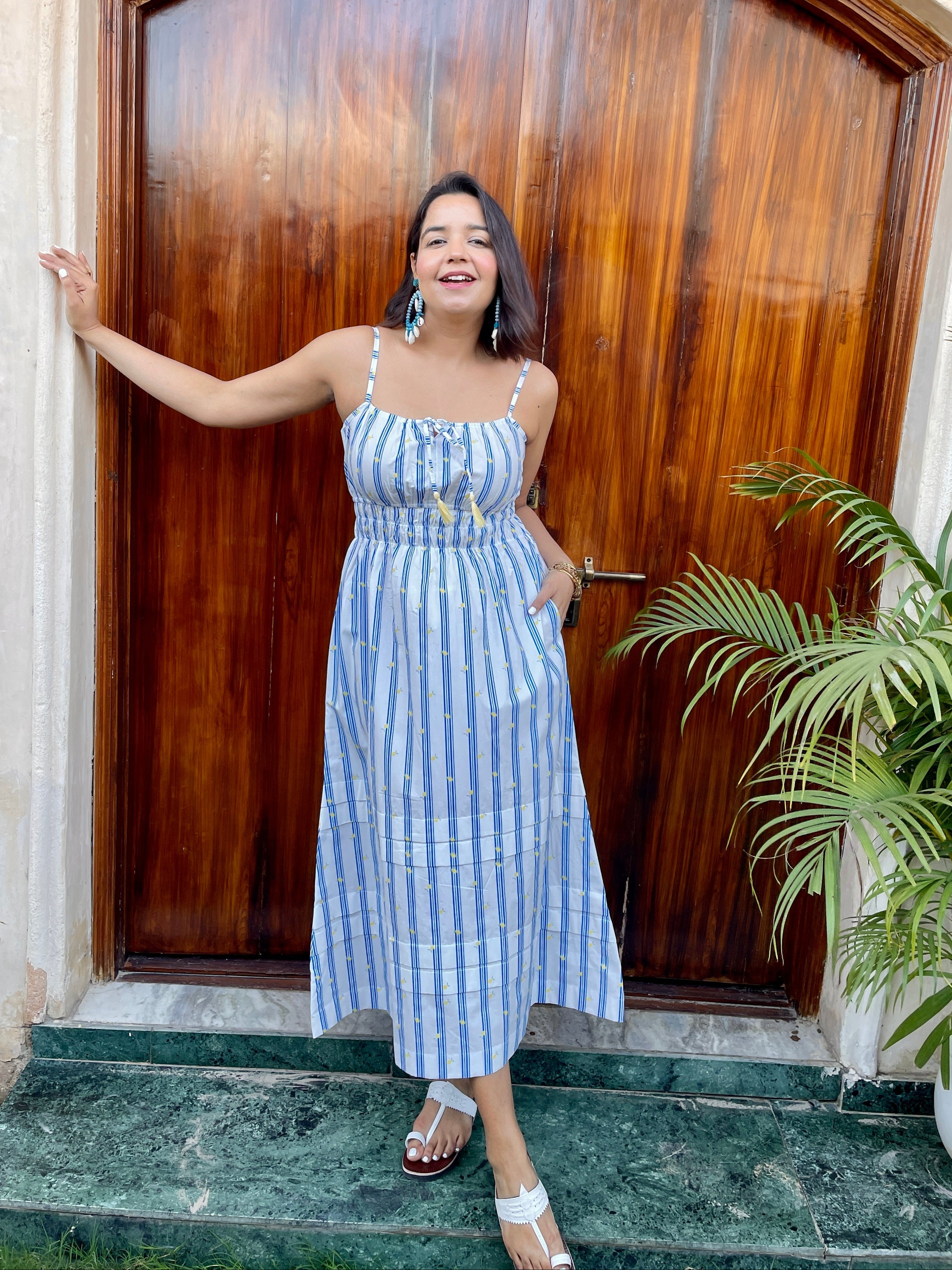 White Stripe Cinched Waist Midi Dress image 6