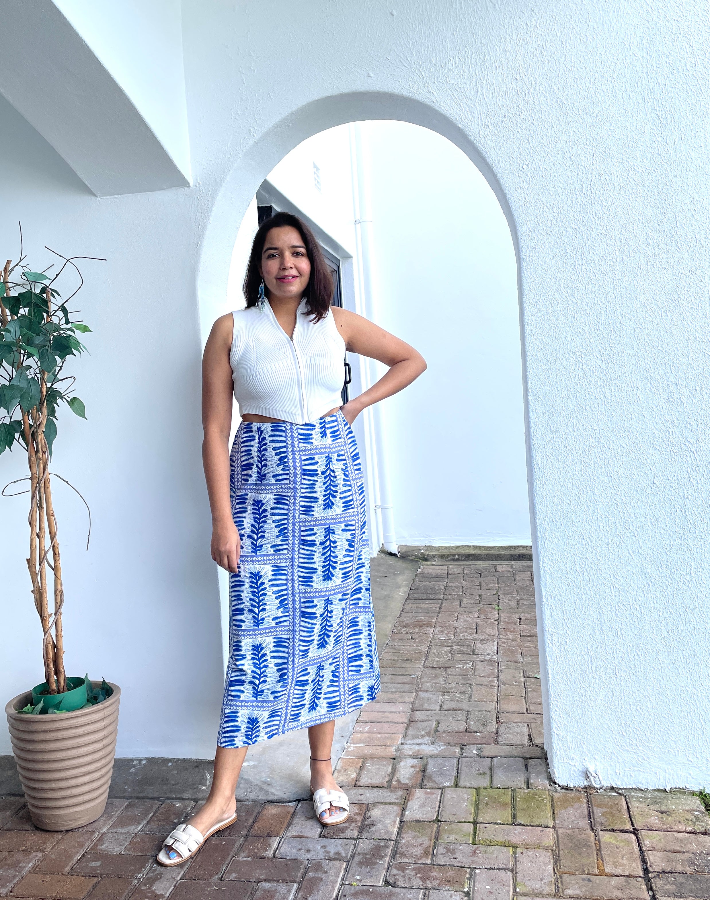 White Blue Printed Midi Skirt image 0