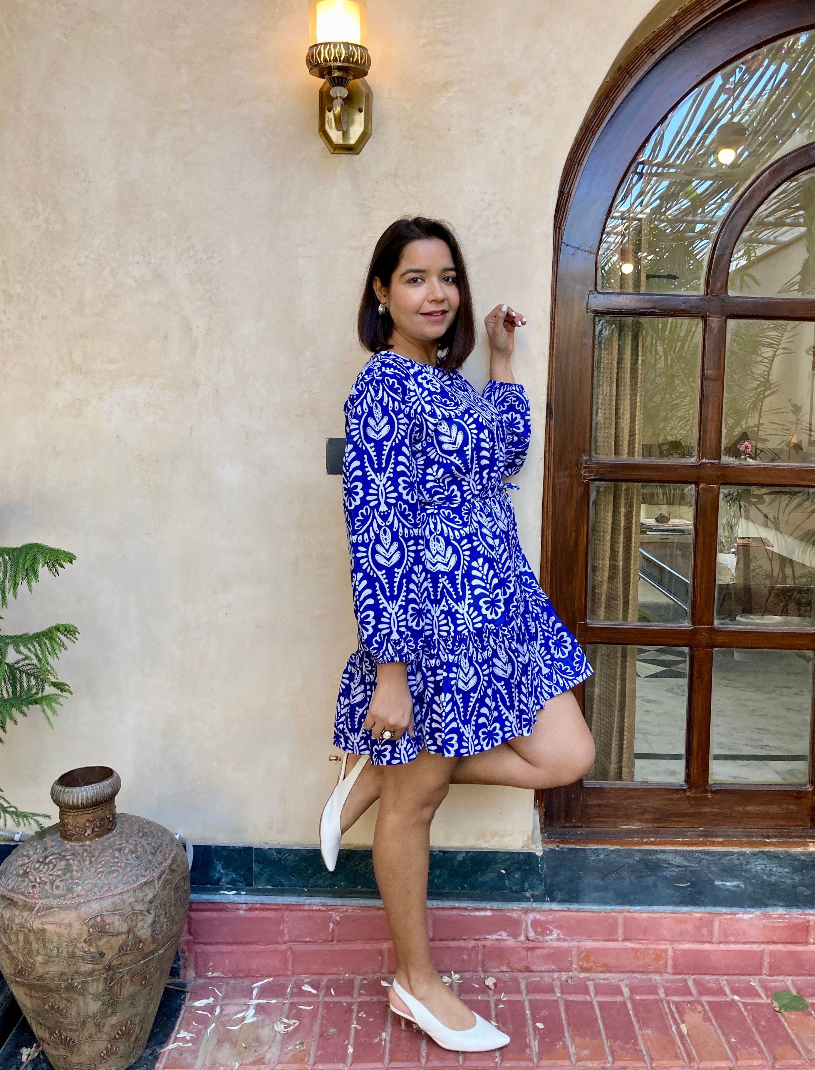 Blue and White Flounce Hem Mini Dress image 4