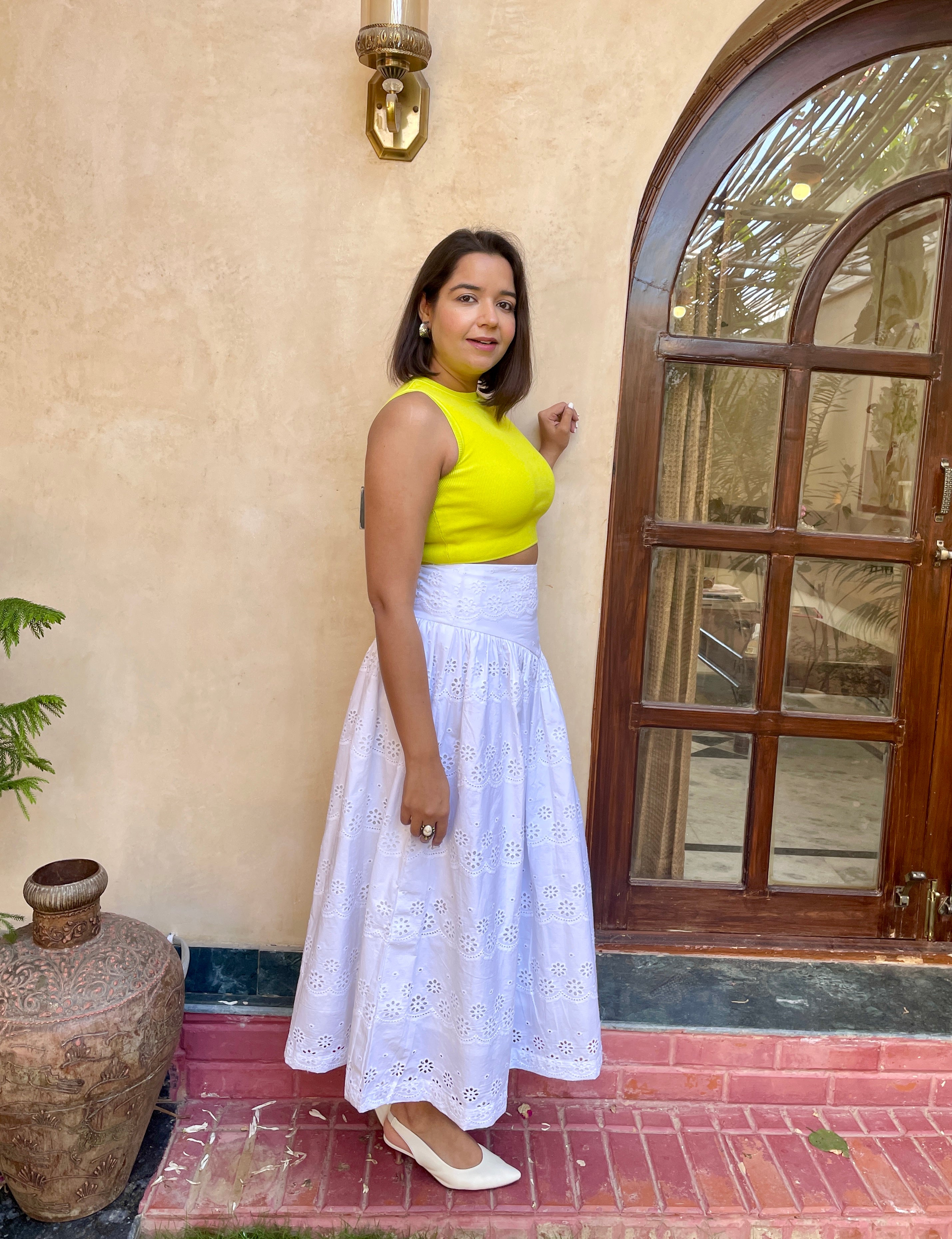 White Schiffli Zipper Maxi Skirt image 2