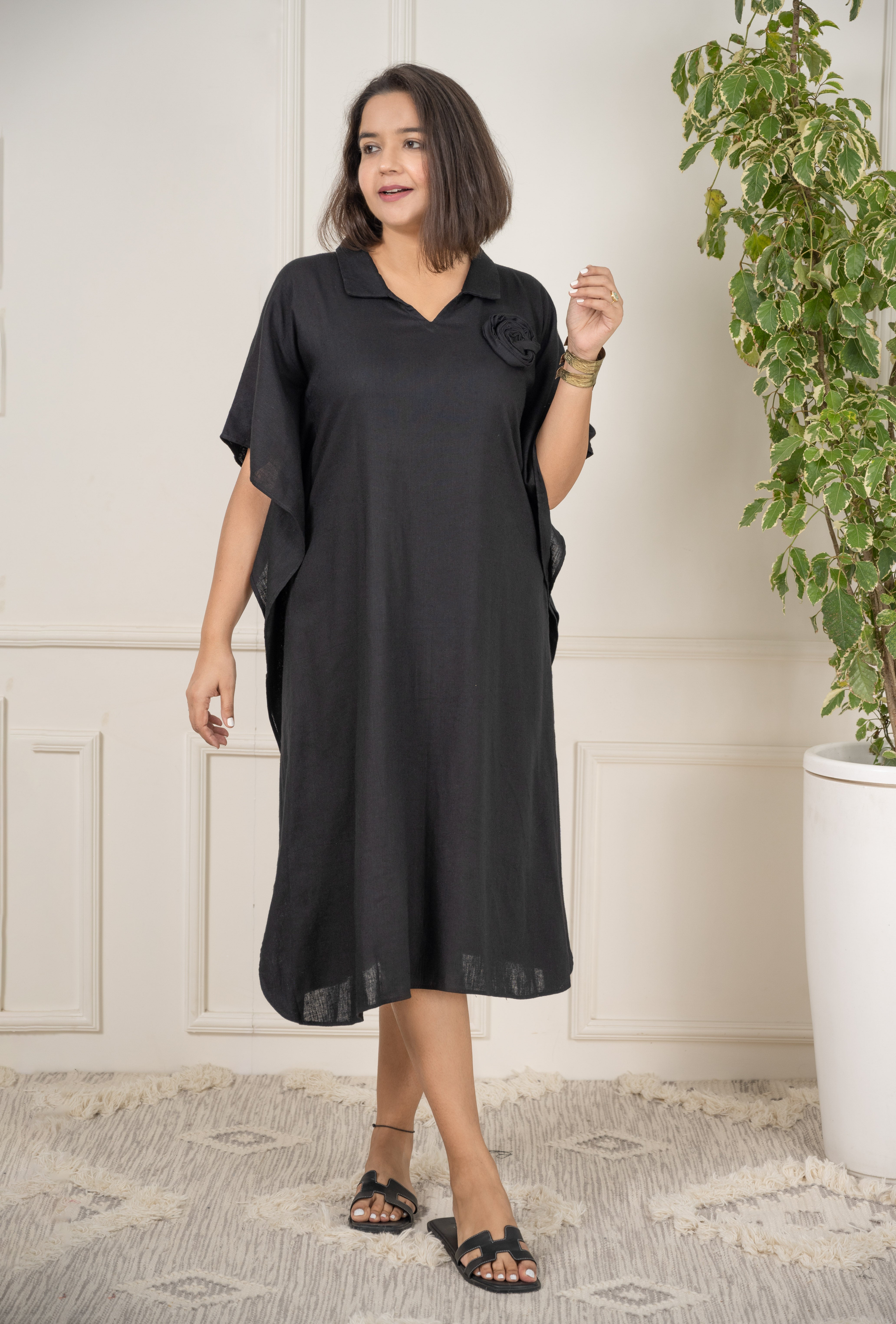 Linen Black Kaftan Midi Dress image 0