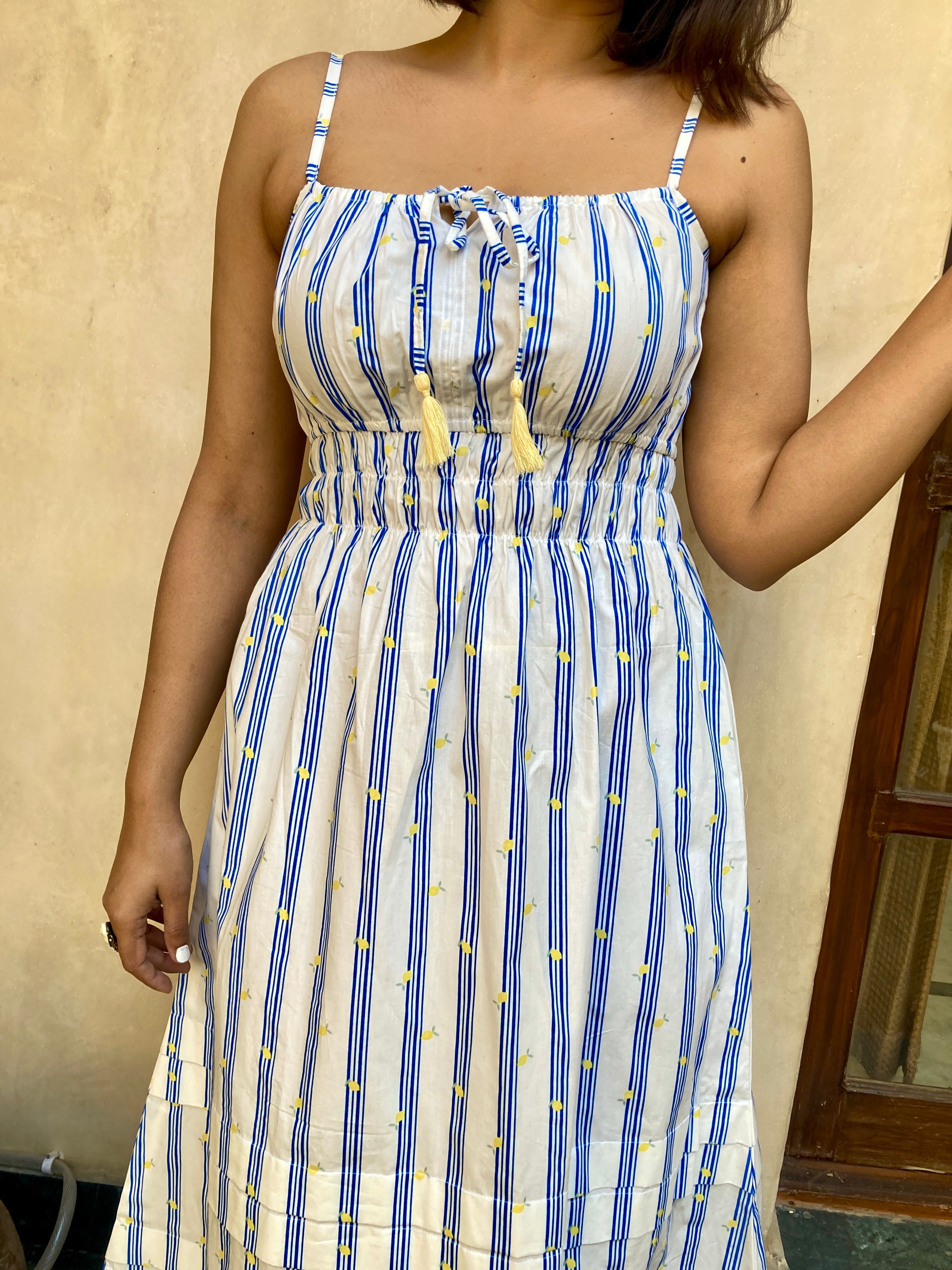White Stripe Cinched Waist Midi Dress image 1