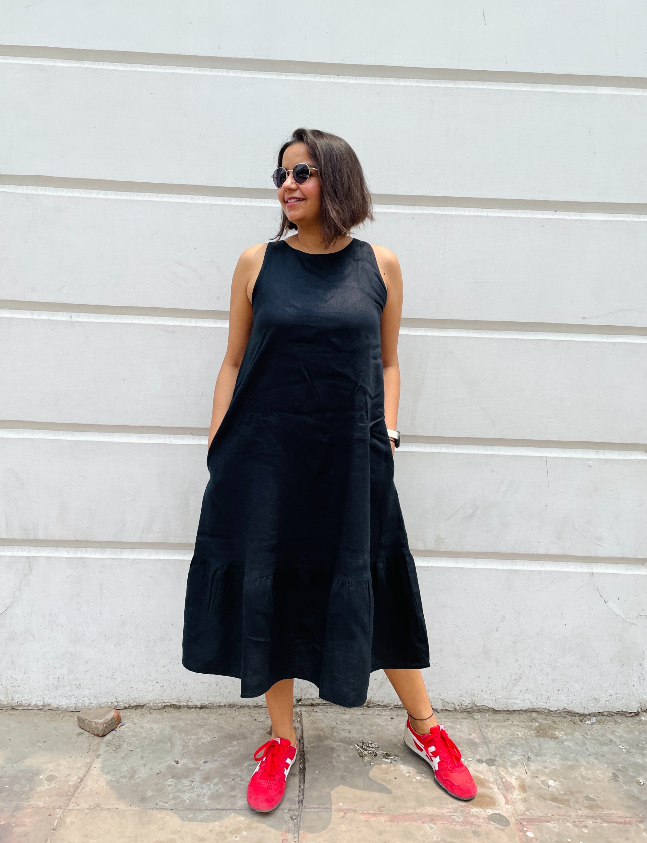 Linen Black A- Line Midi Dress image 0