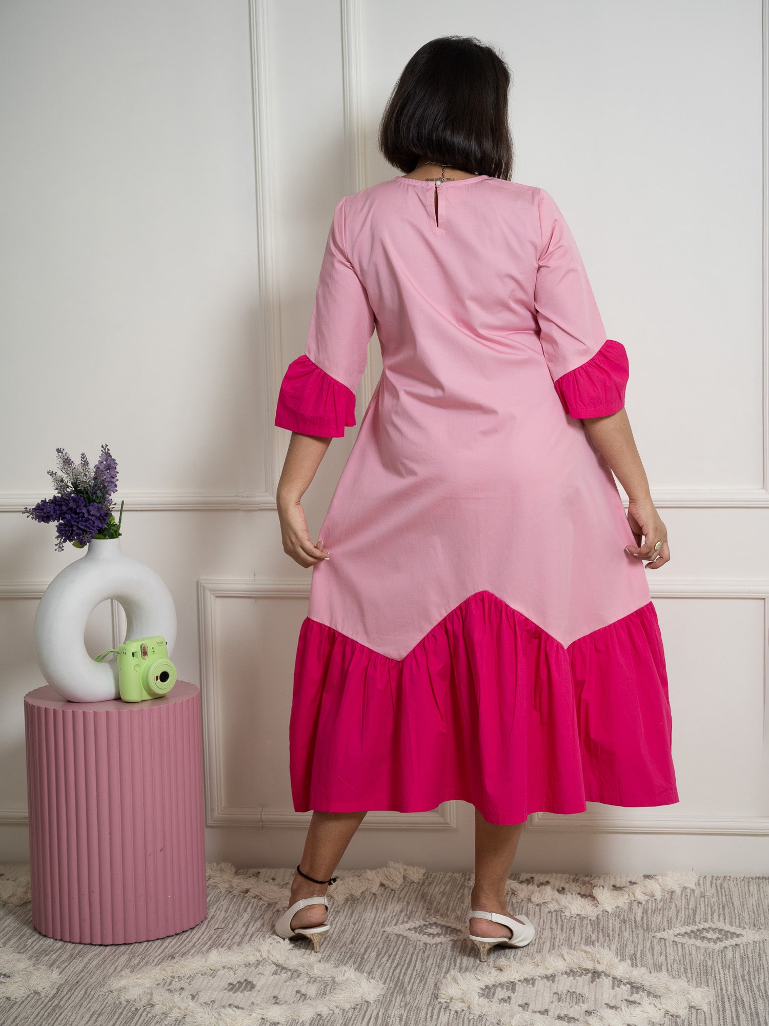 Solid Pink Zigzag Midi Dress image 2