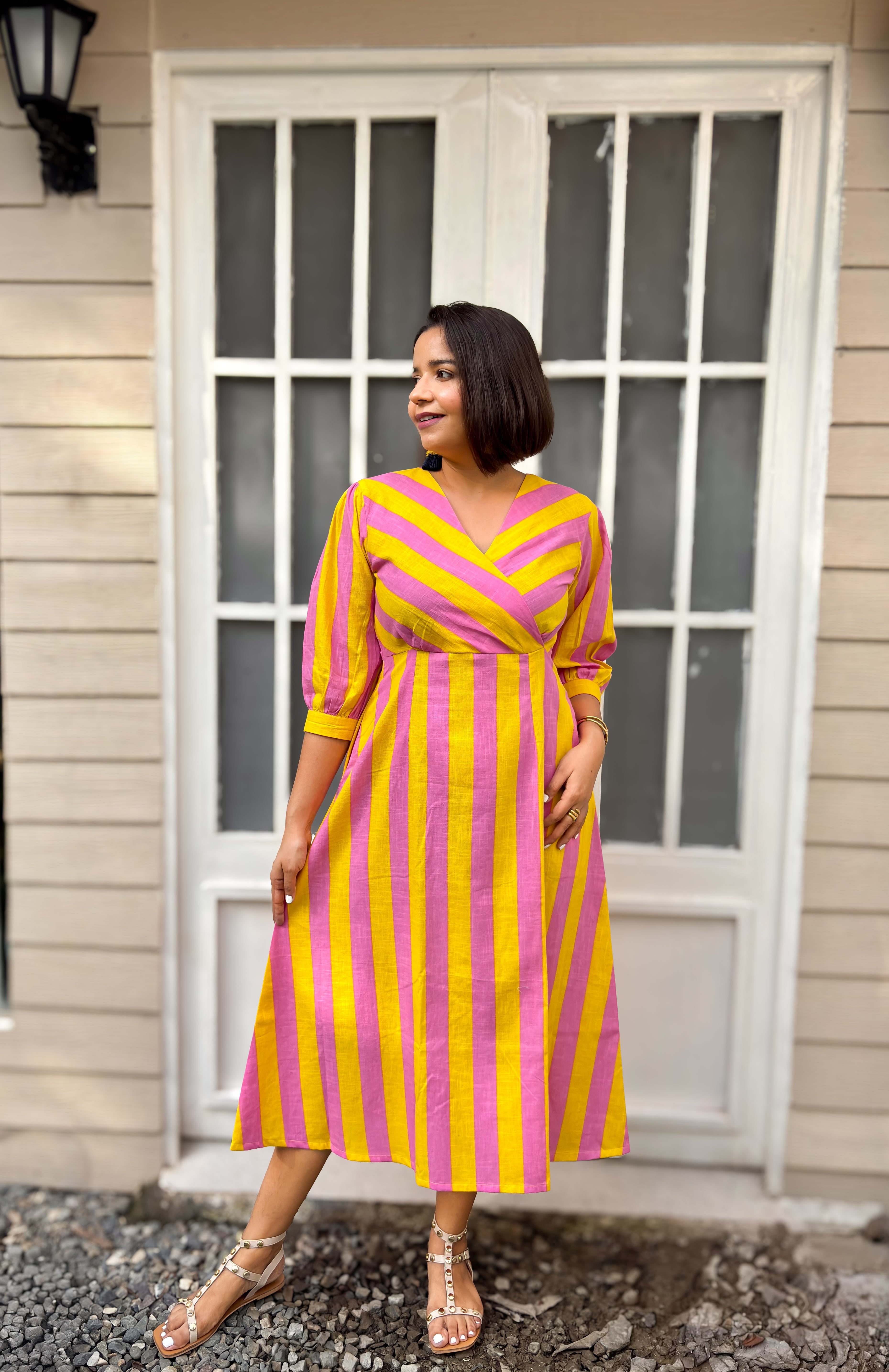 Pink Yellow Stripe Linen Cotton Midi Dress
