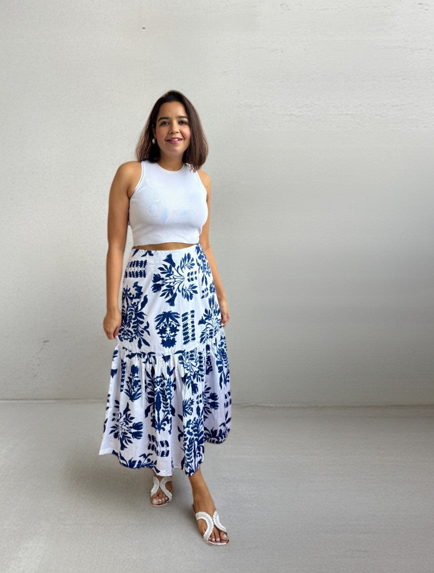 Indigo Garden Cotton Frill Midi Skirt image 0