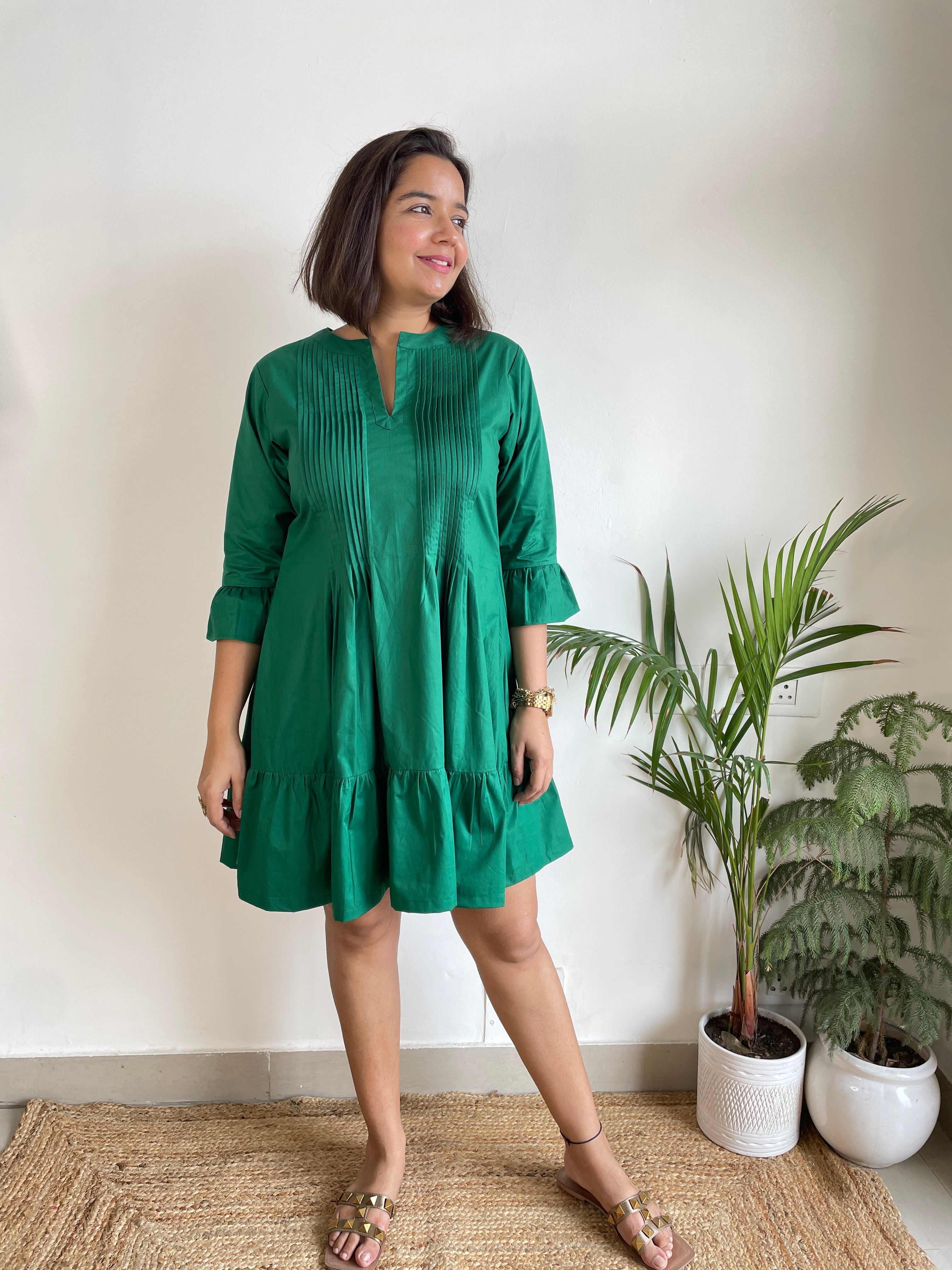 Green Pintex A- Line Dress image 1