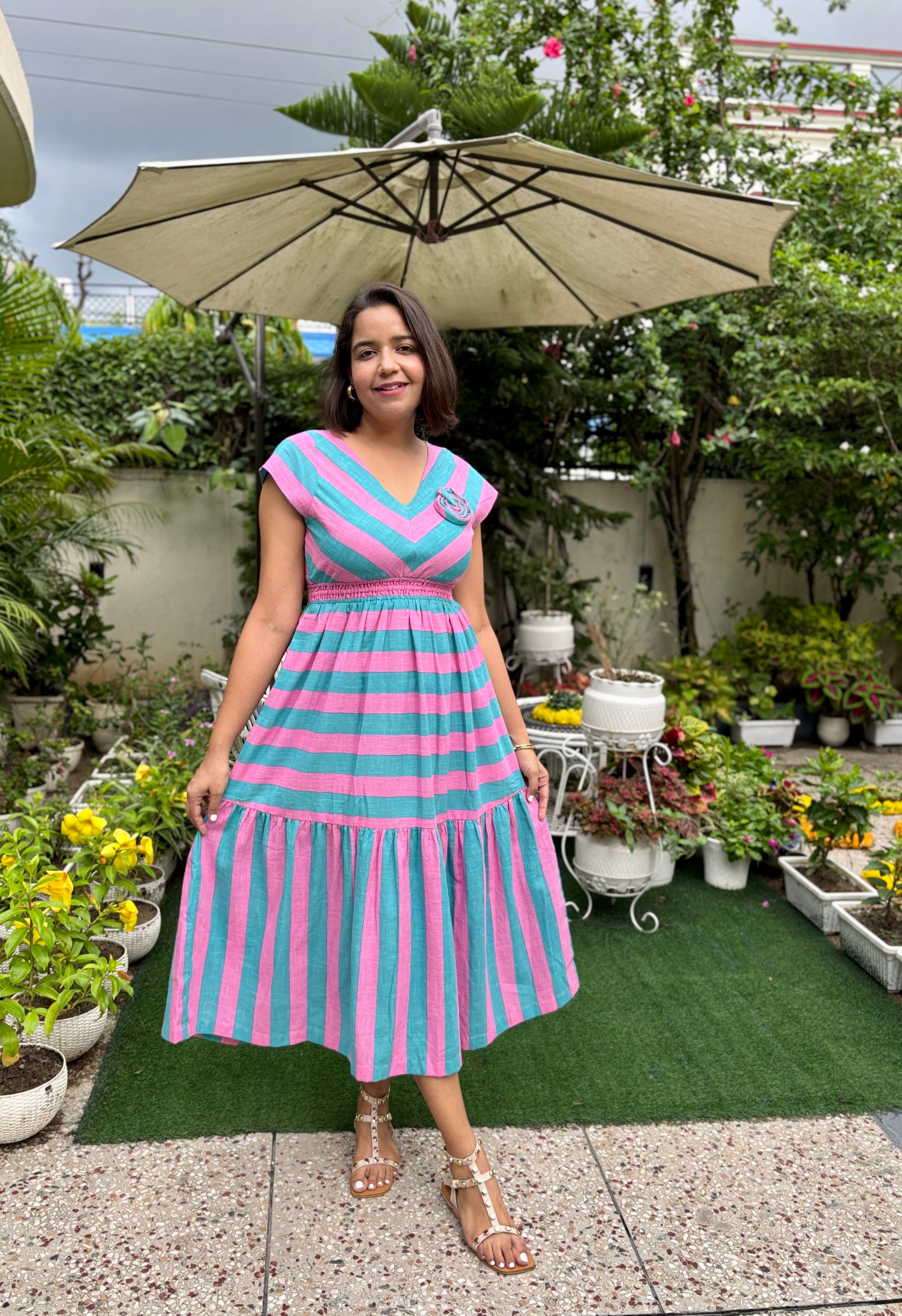 Striped Cotton Linen Midi Dress with 3D Flower image 5