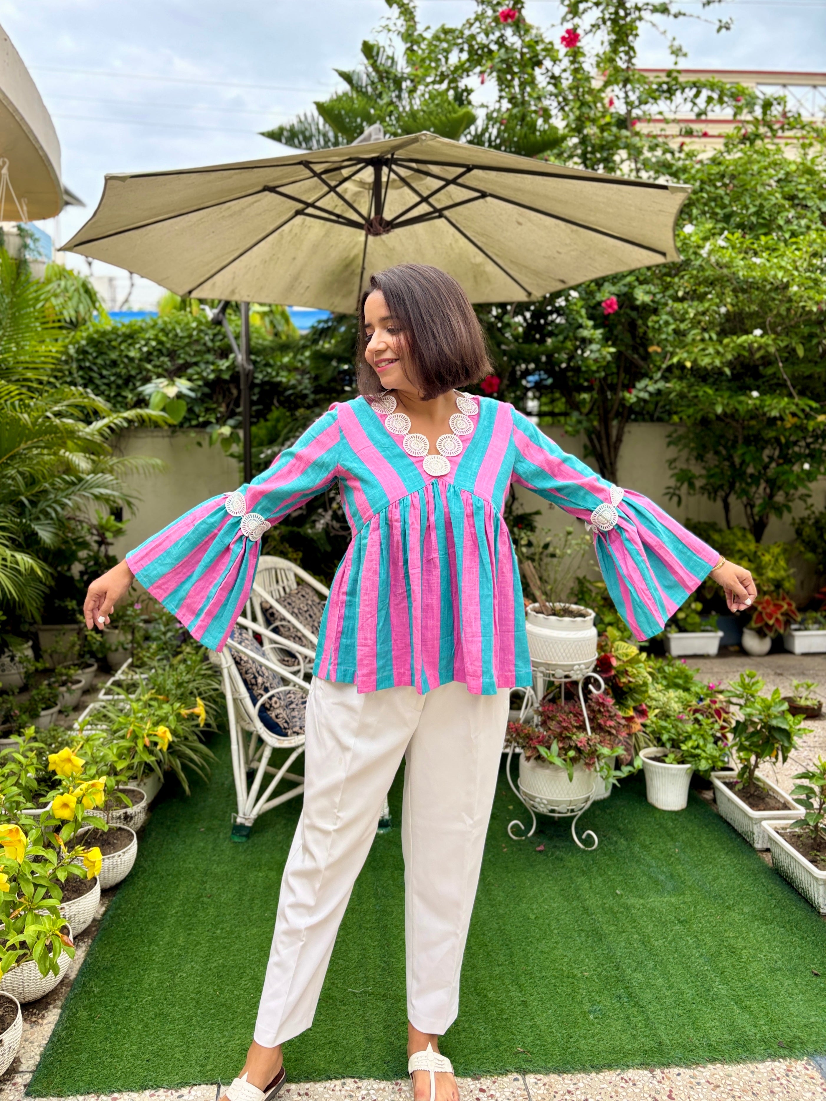 Candy Stripe Flare Sleeve Top image 1