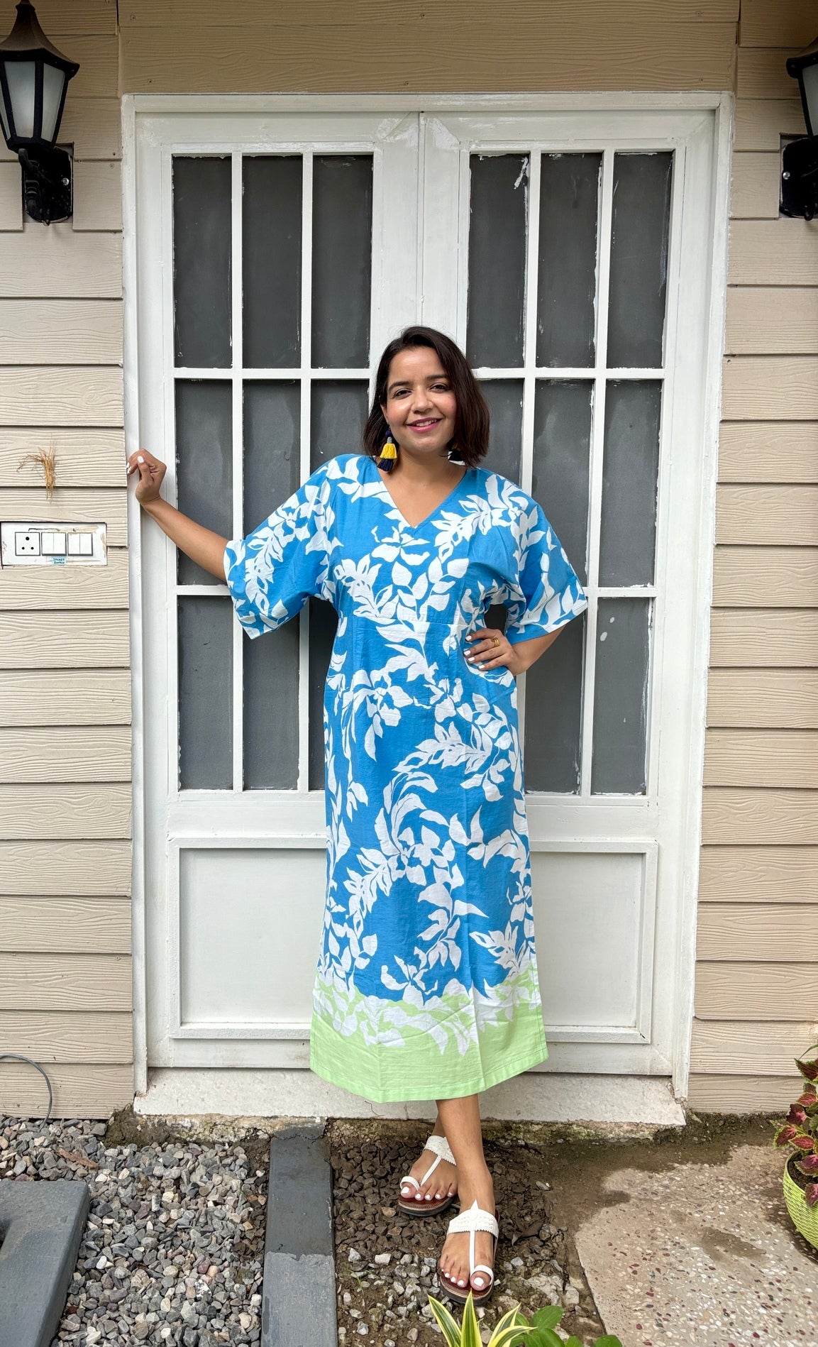 Blue Green Printed Cotton Kaftan Dress image 0