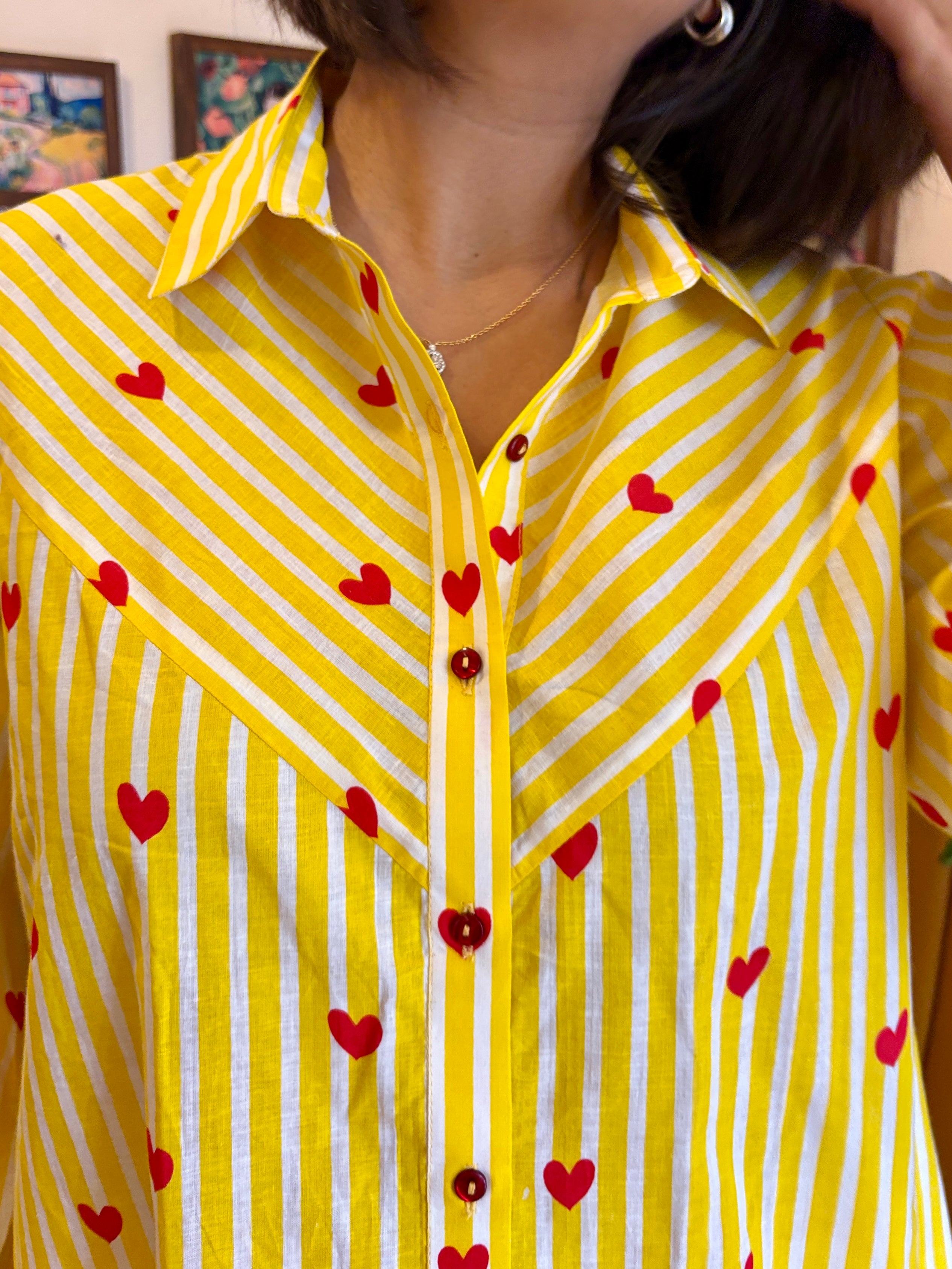 Yellow Stripe Heart Print Cotton Shirt for Women