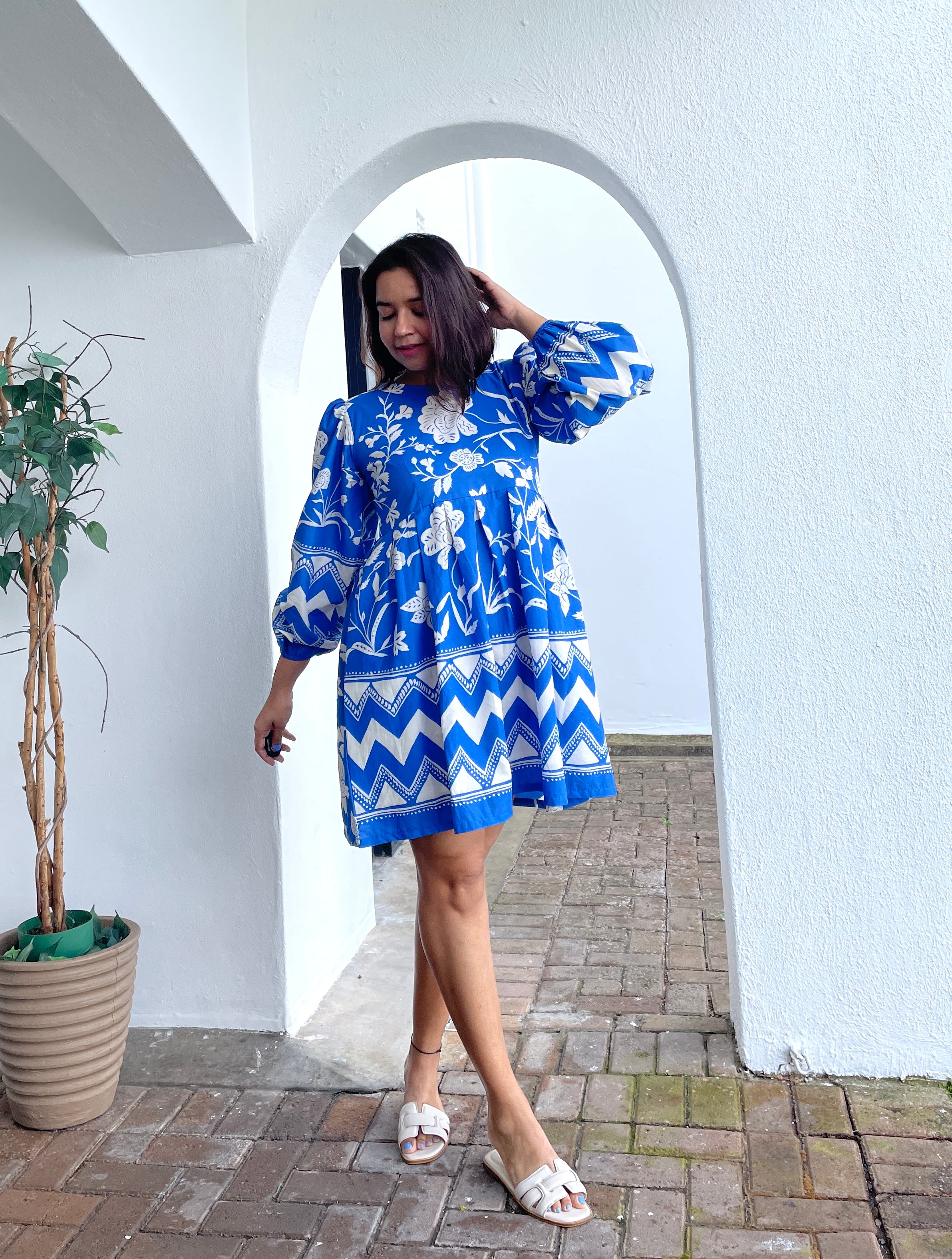 Blue Balloon Sleeves Skater Dress image 6