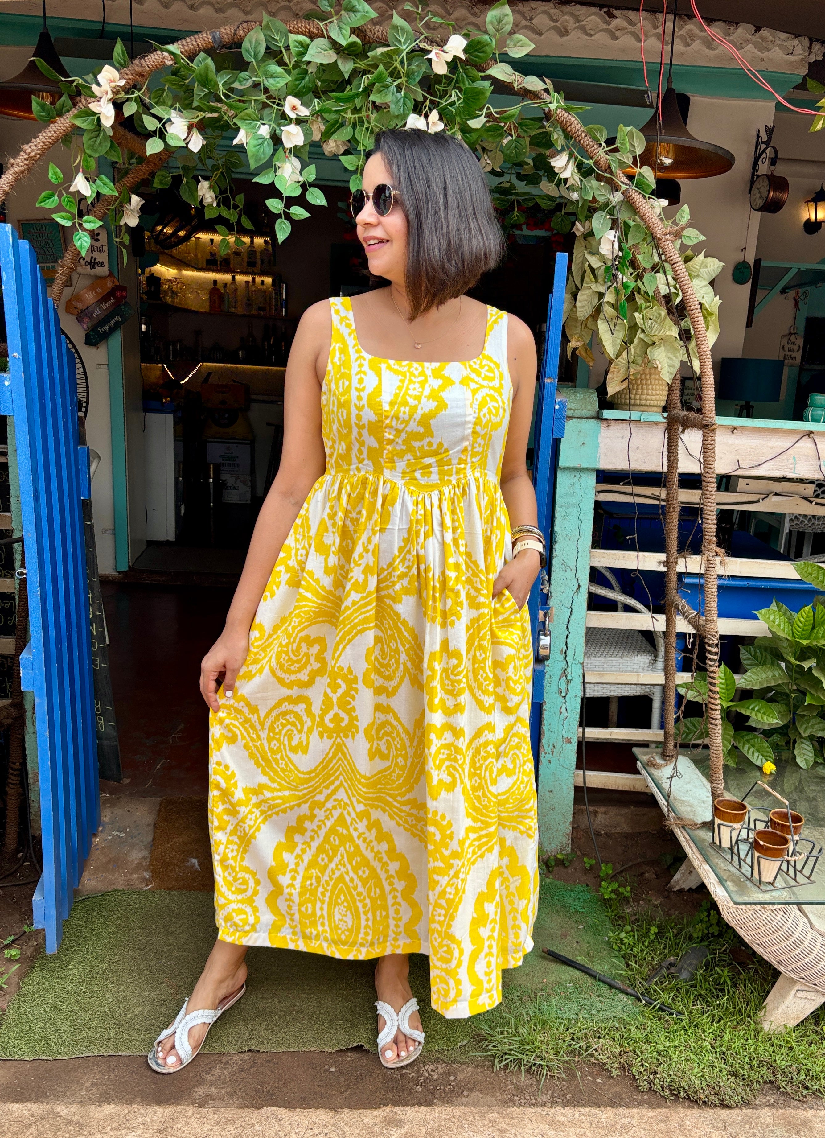 Yellow Printed Cotton Maxi Dress for Women