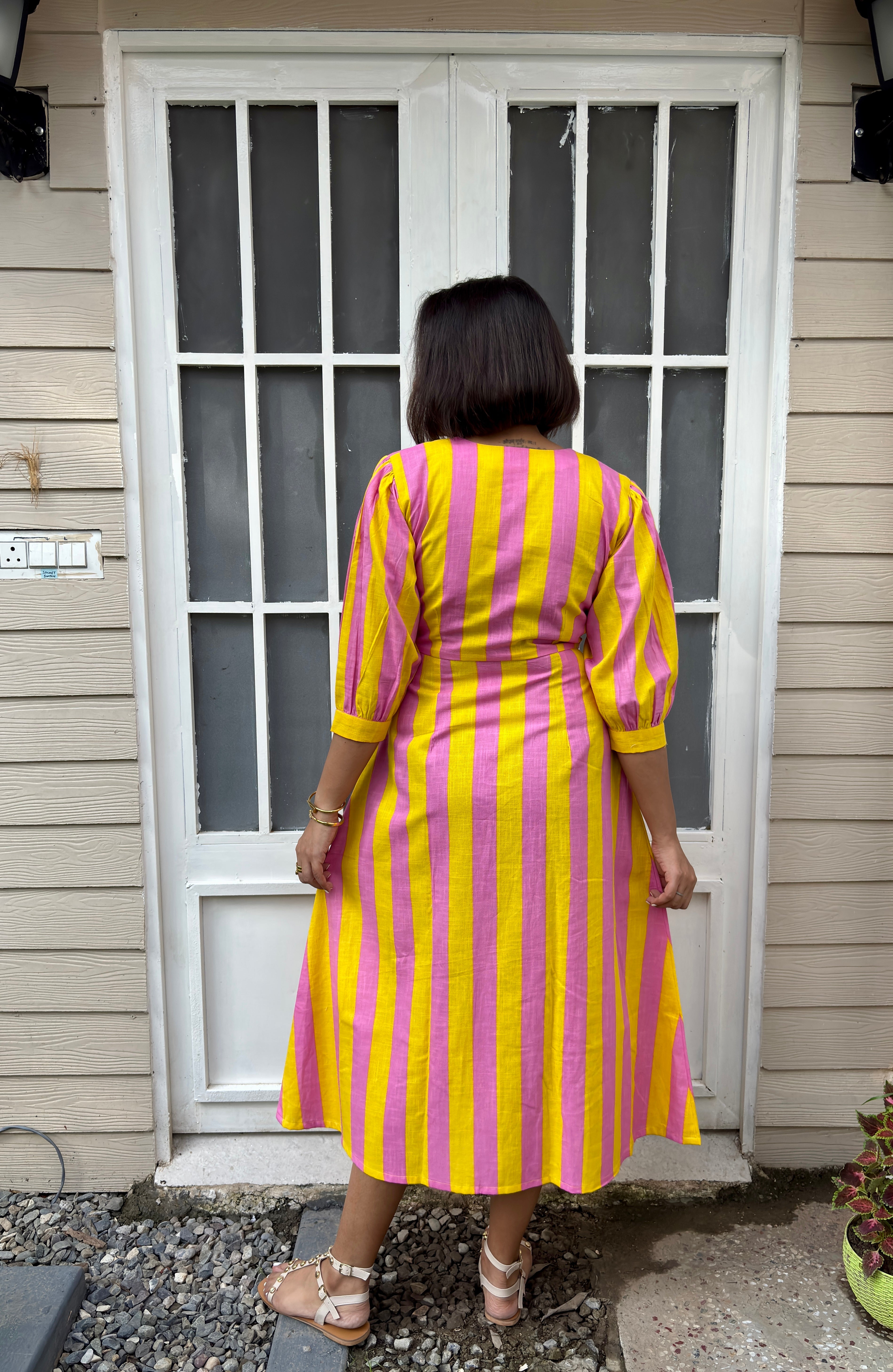 Pink Yellow Stripe Linen Cotton Midi Dress