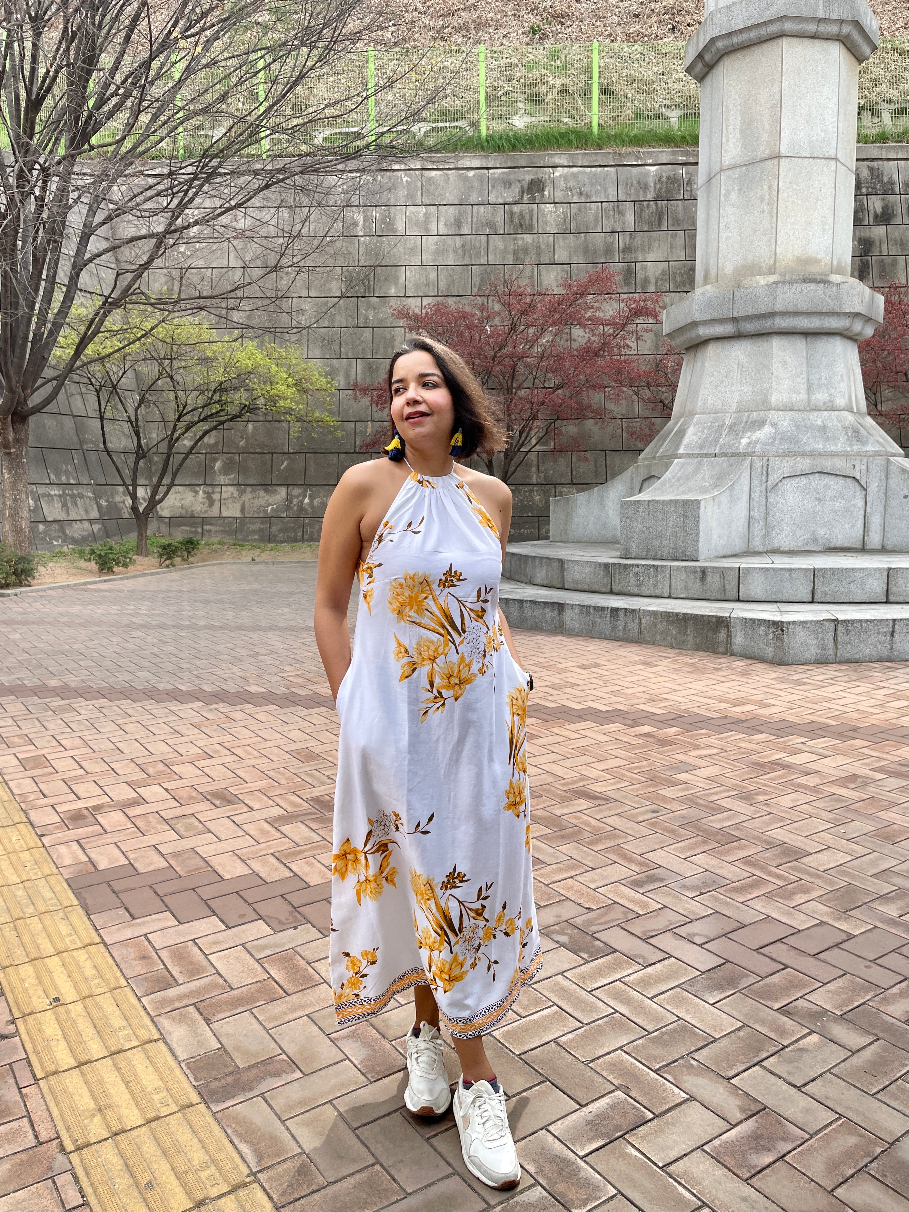 White Yellow Flower Halter Maxi Dress image 7