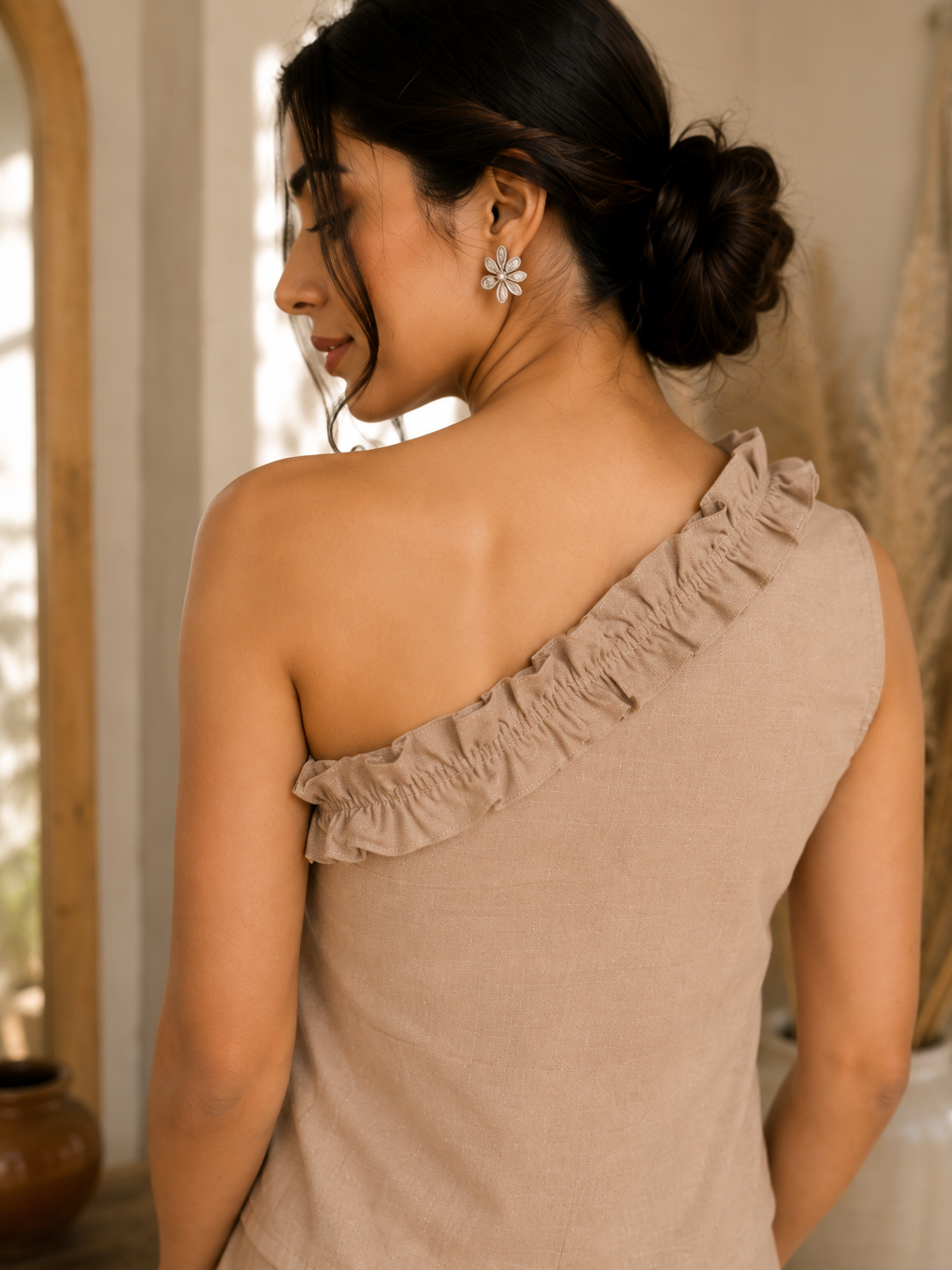 Beige One Shoulder Ruffle Cotton Top