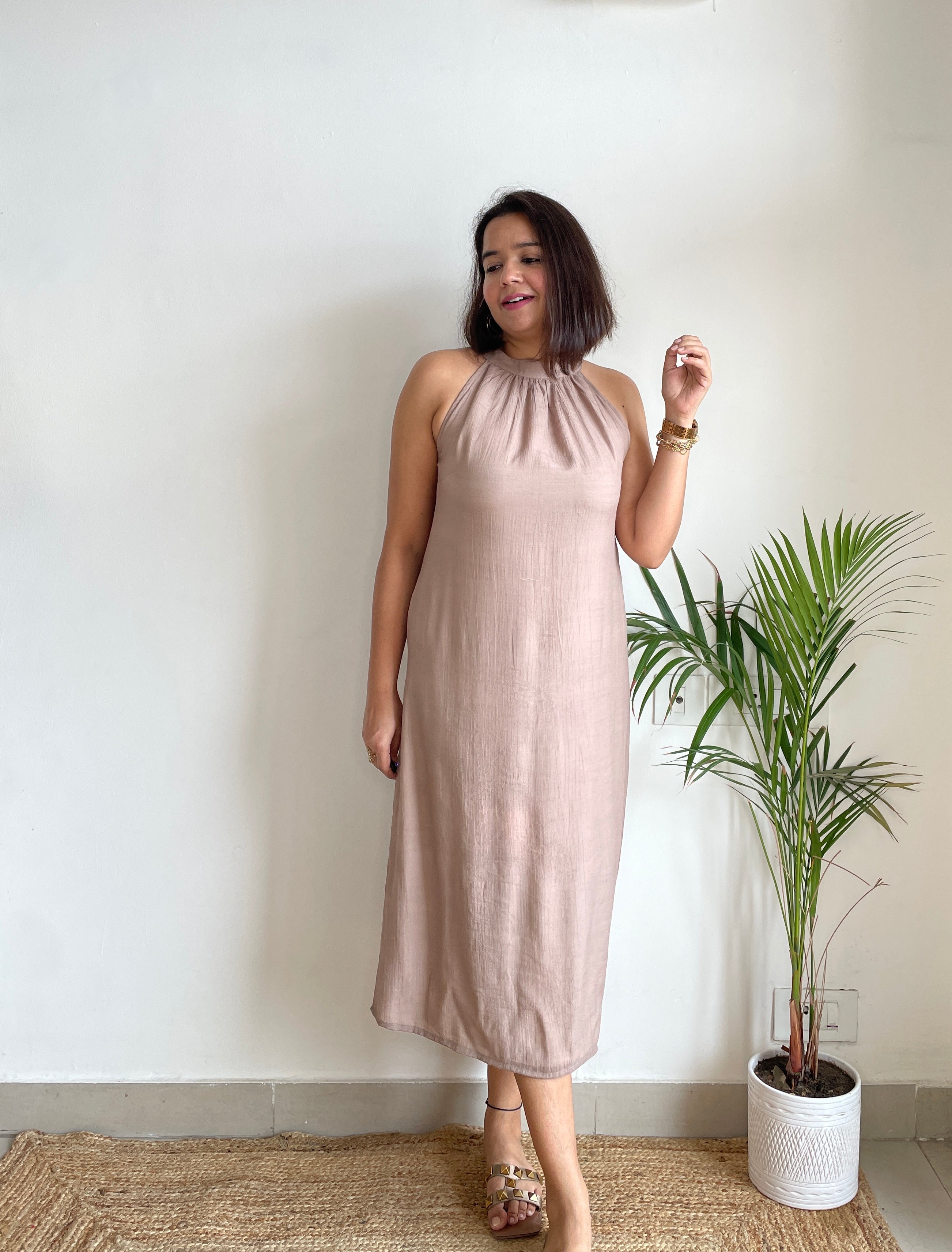 Solid Brown Halter Midi Dress image 5