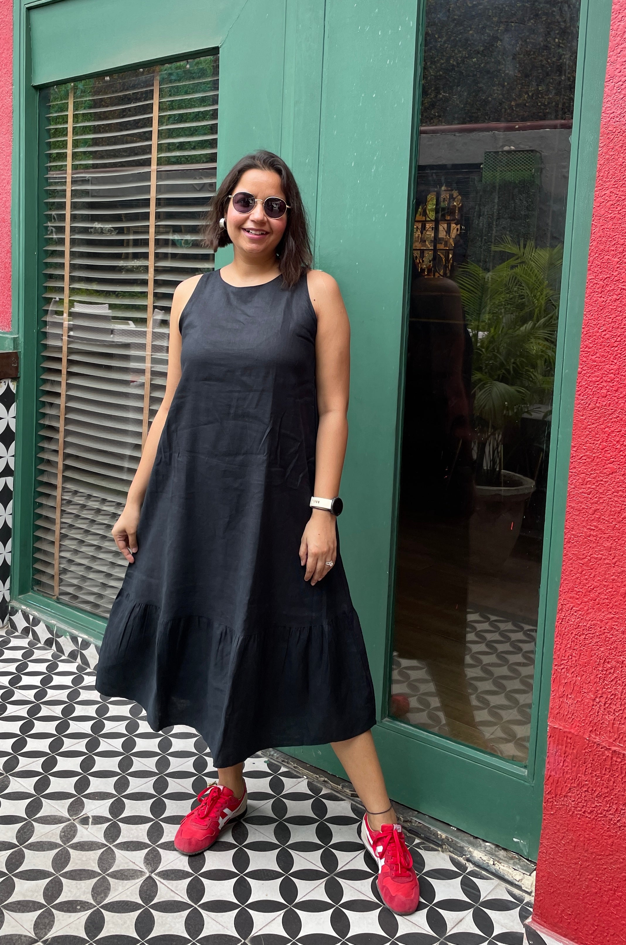 Linen Black A- Line Midi Dress image 1