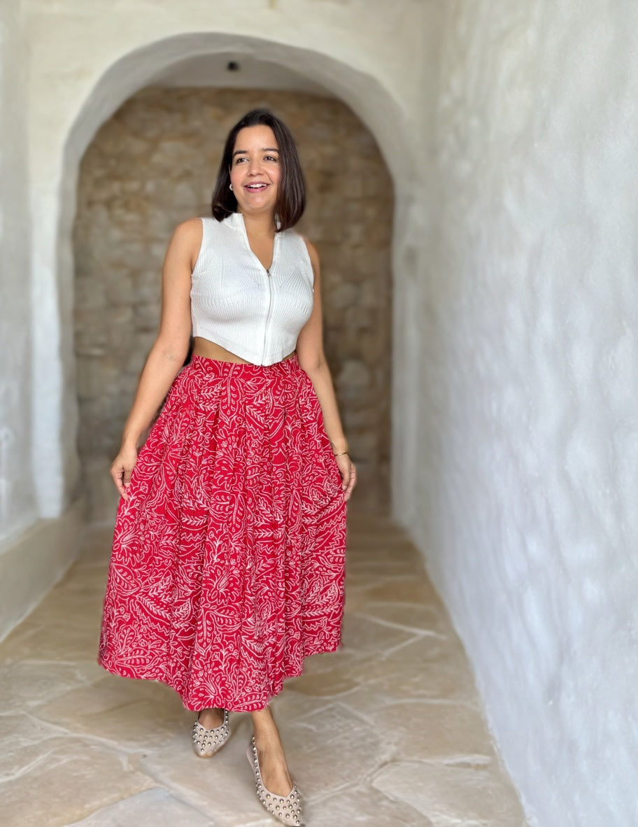 Red Seersucker Box Pleat Maxi Skirt image 0