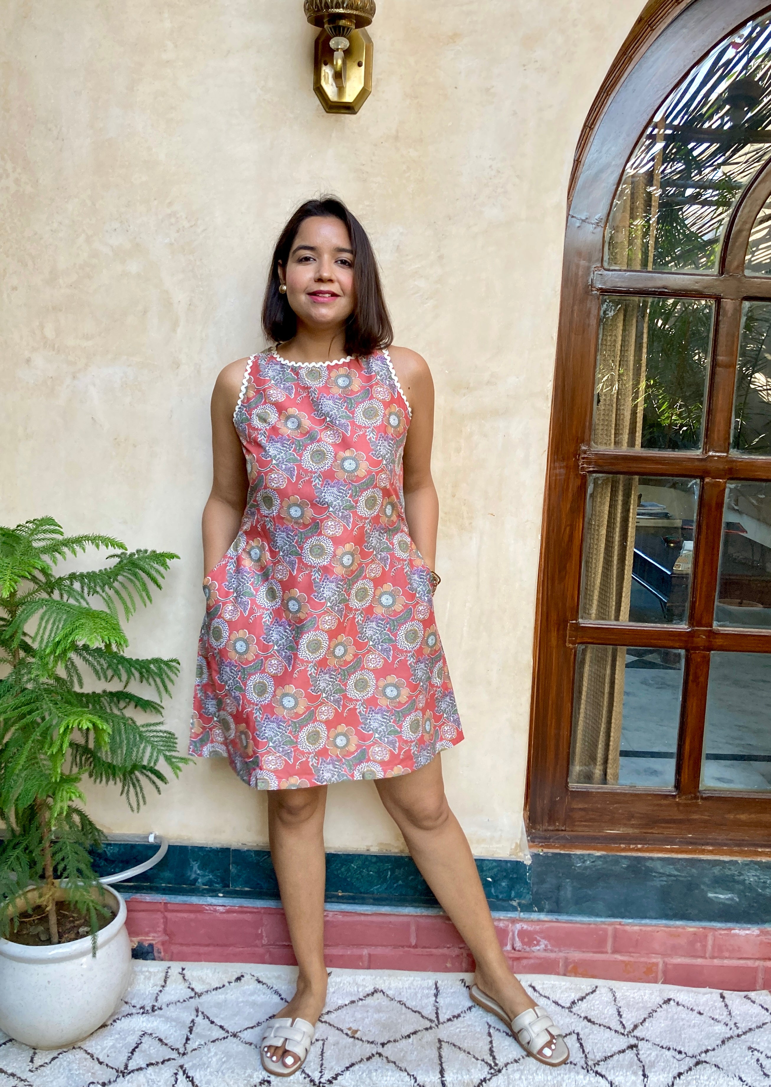 Rust Red Printed A- Line Cotton Dress image 0