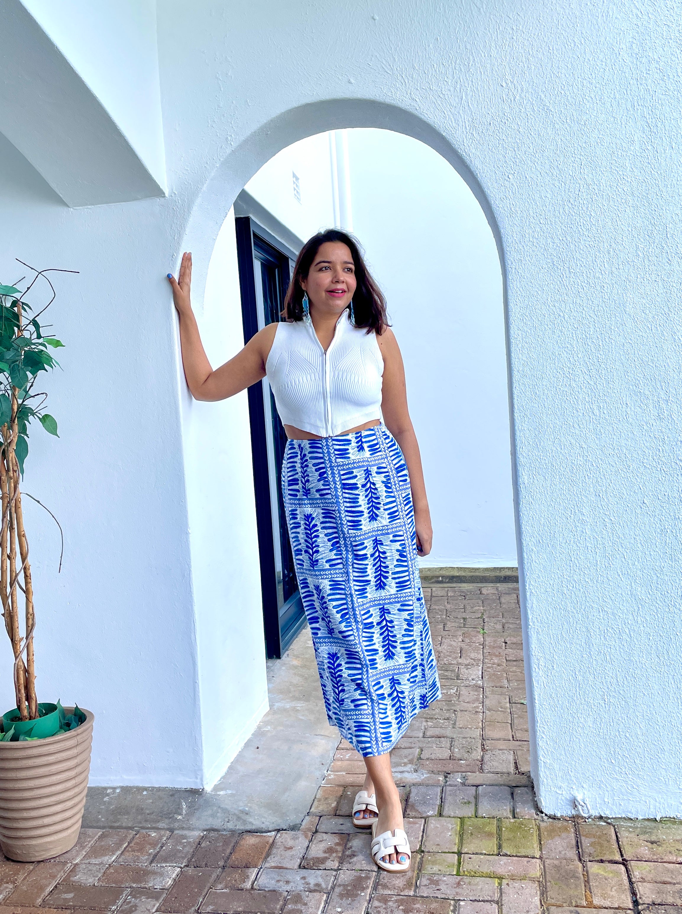 White Blue Printed Midi Skirt image 5