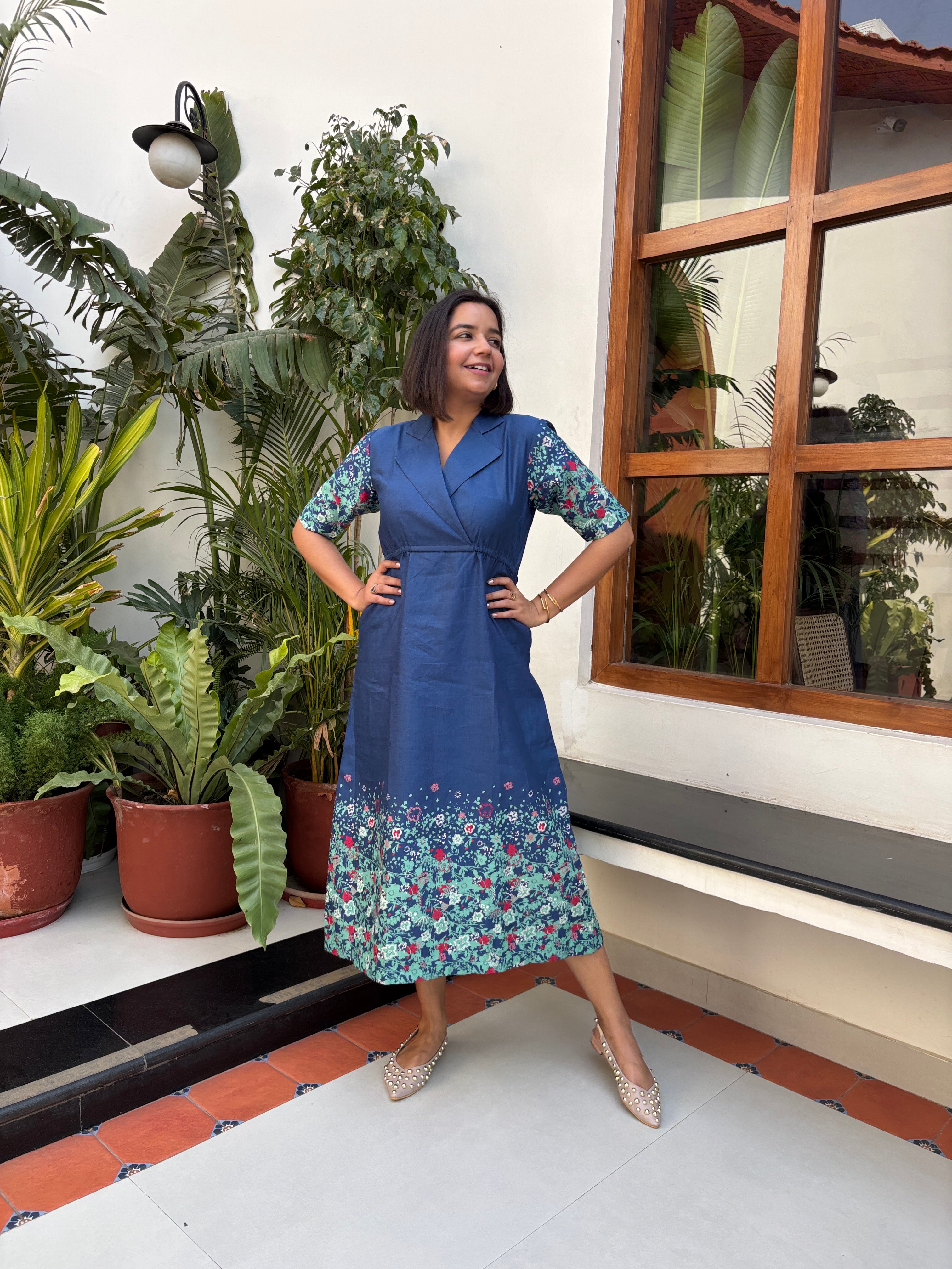 Dusky Blue Linen Printed Midi Dress image 3