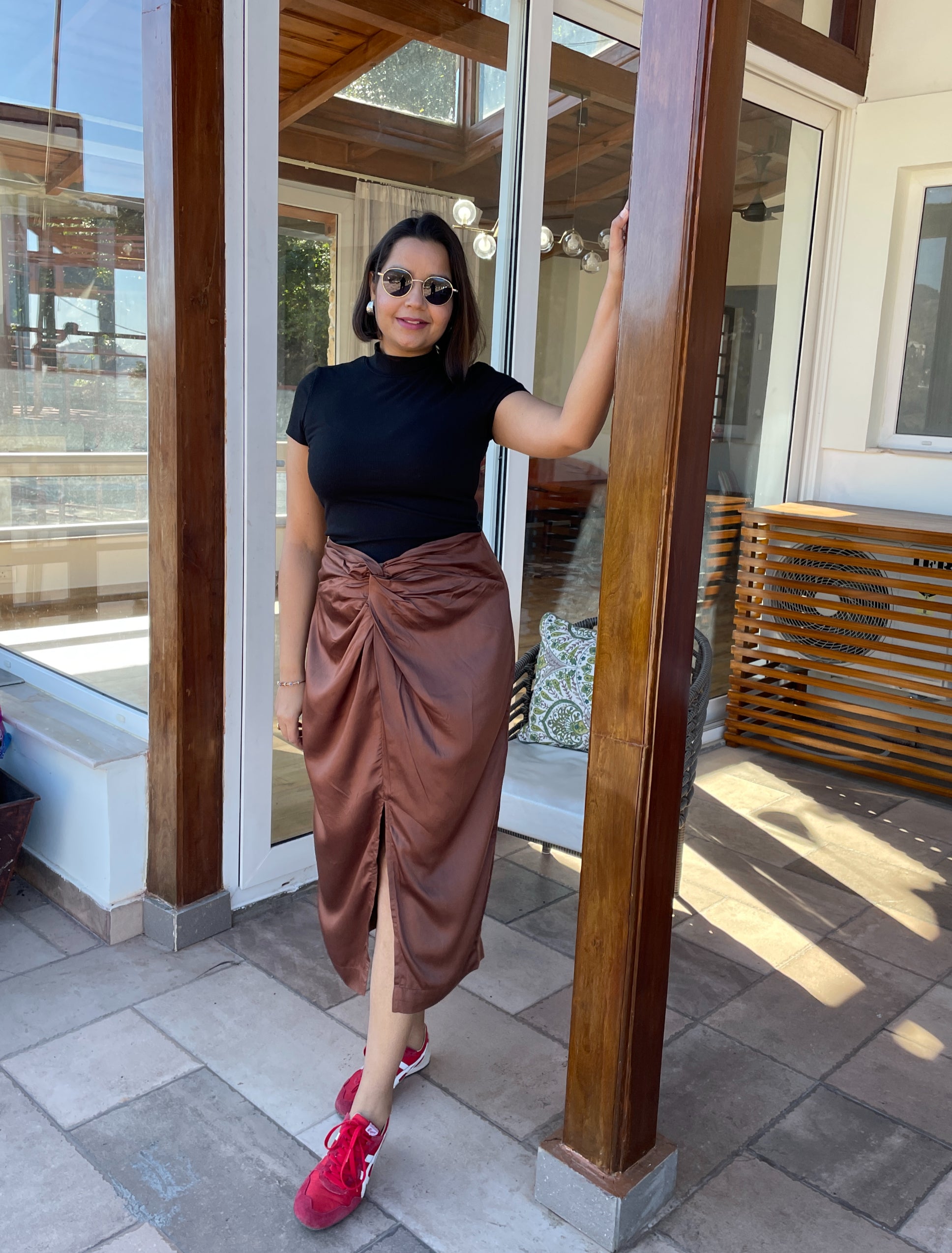 Brown Front Knot Midi Skirt image 1