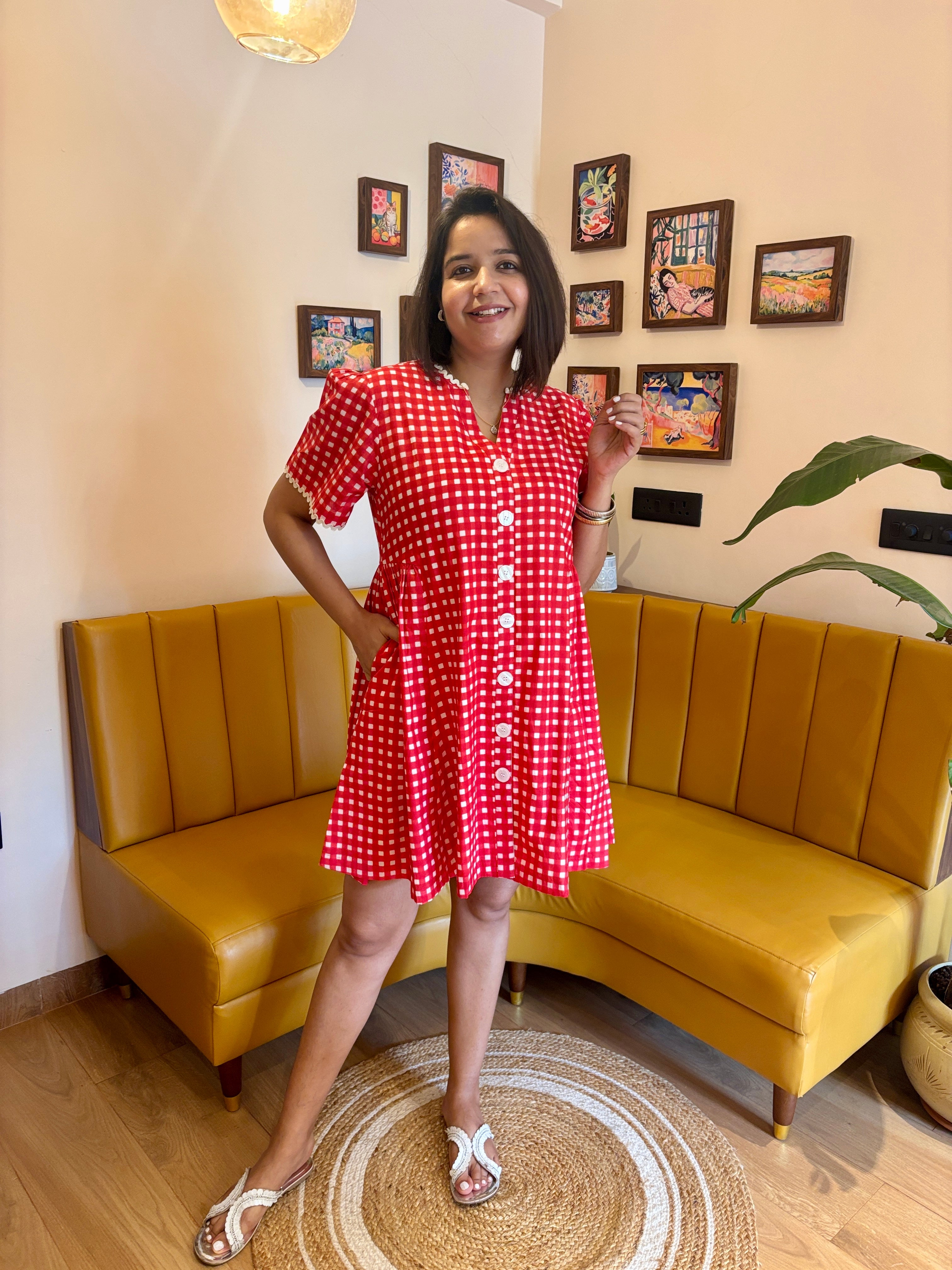Red Gingham Cotton A Line Dress