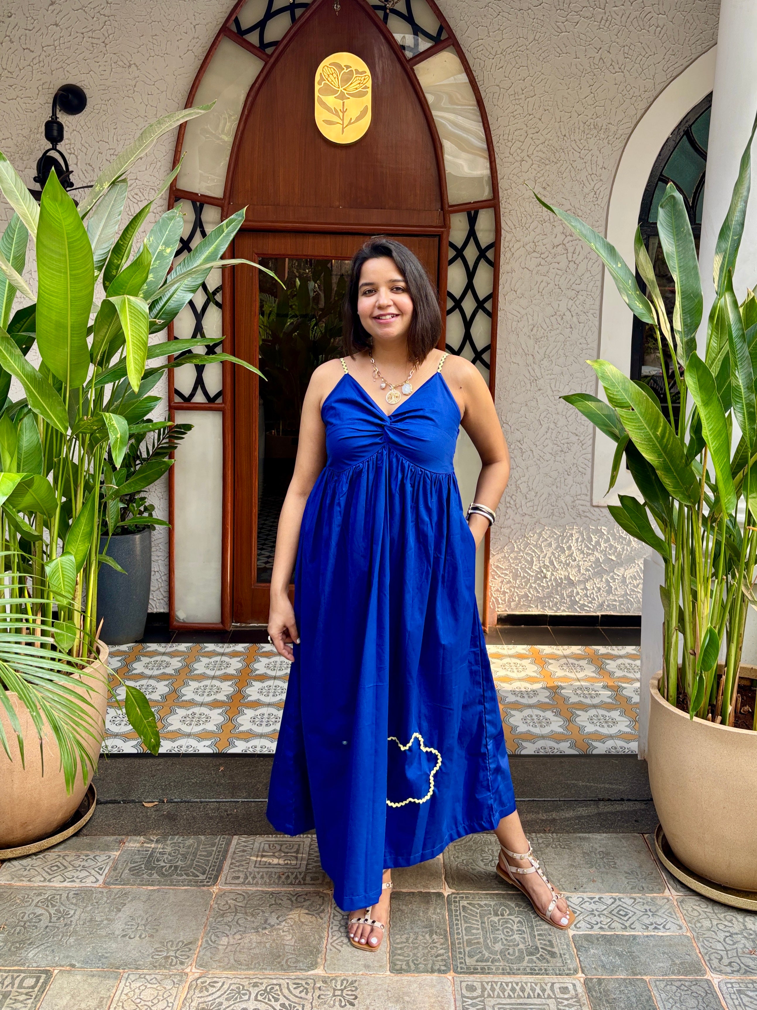 Blue Cotton Front Knot Maxi Dress for Women