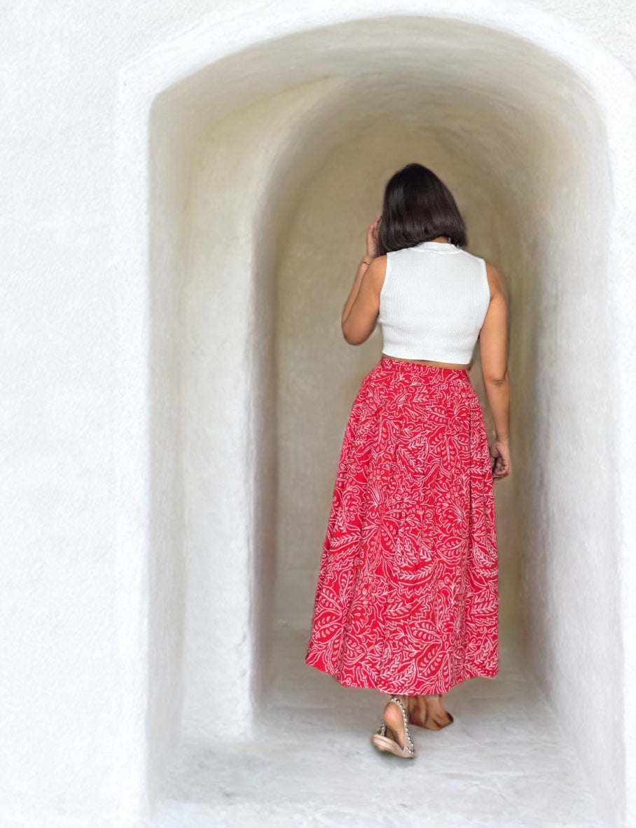 Red Seersucker Box Pleat Maxi Skirt image 1