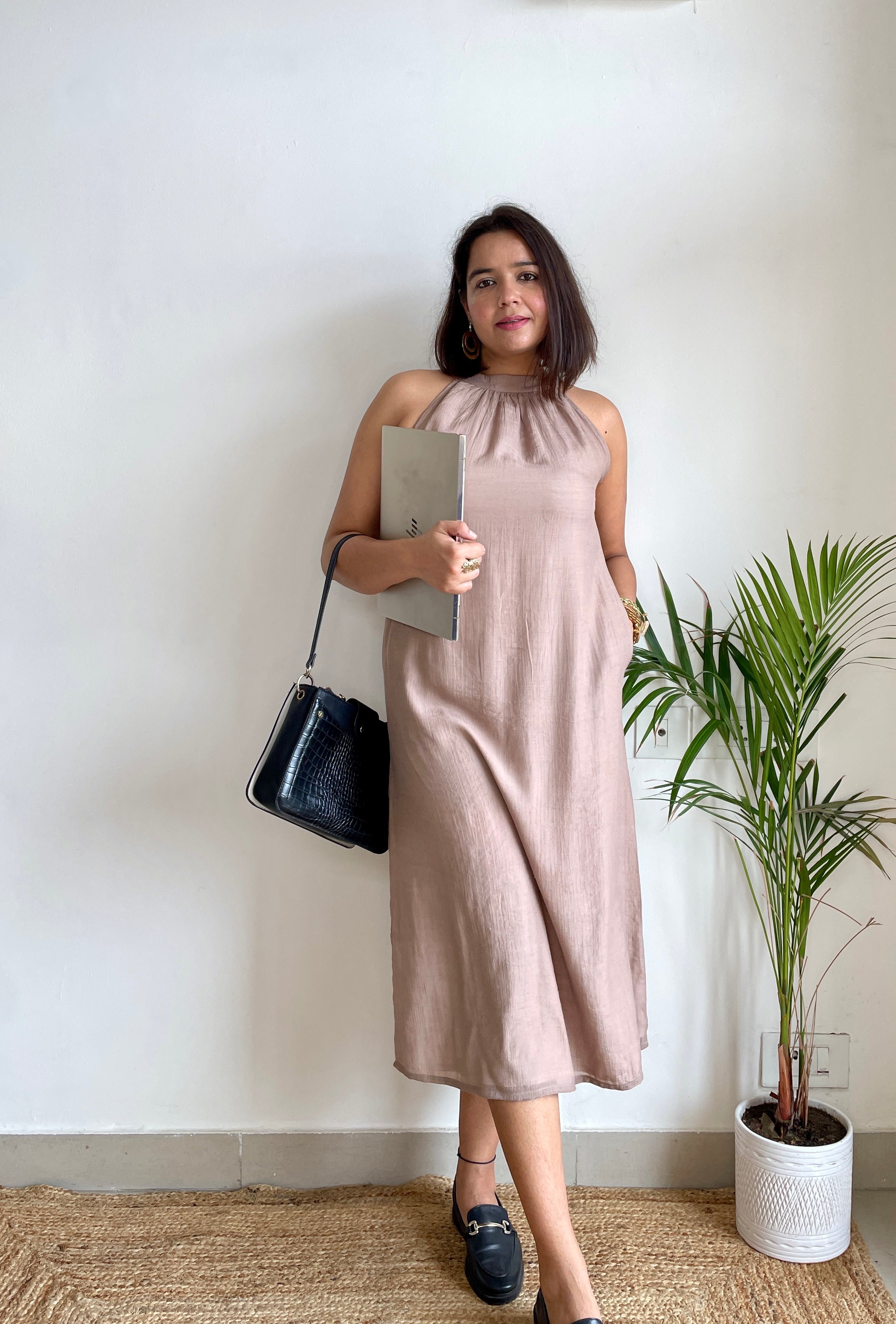 Solid Brown Halter Midi Dress image 2