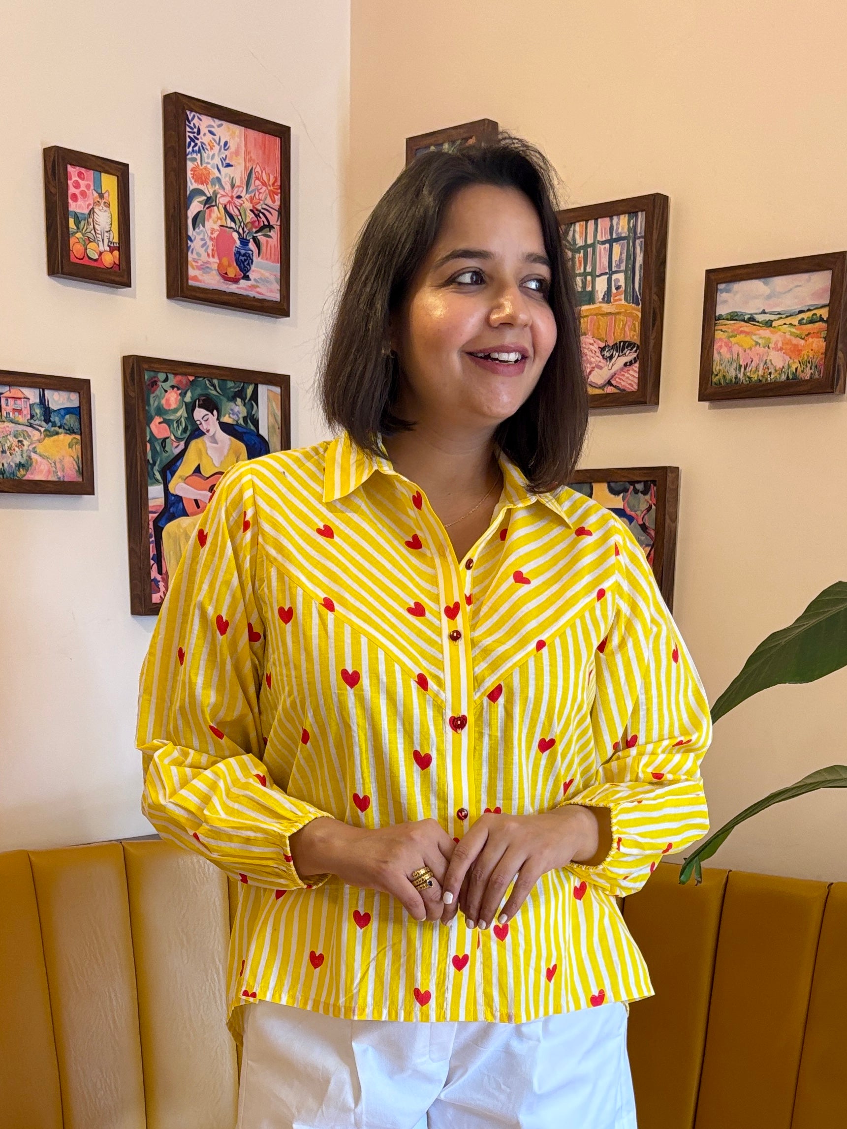 Yellow Stripe Heart Print Cotton Shirt for Women