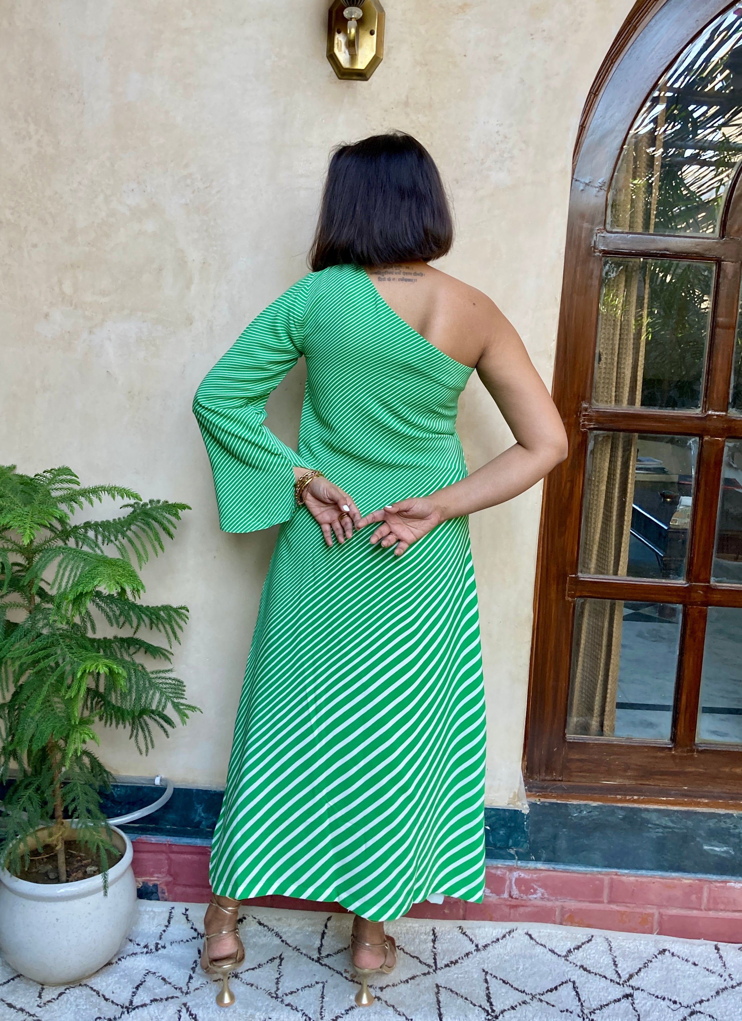 Green Stripe One Shoulder Maxi Dress image 2