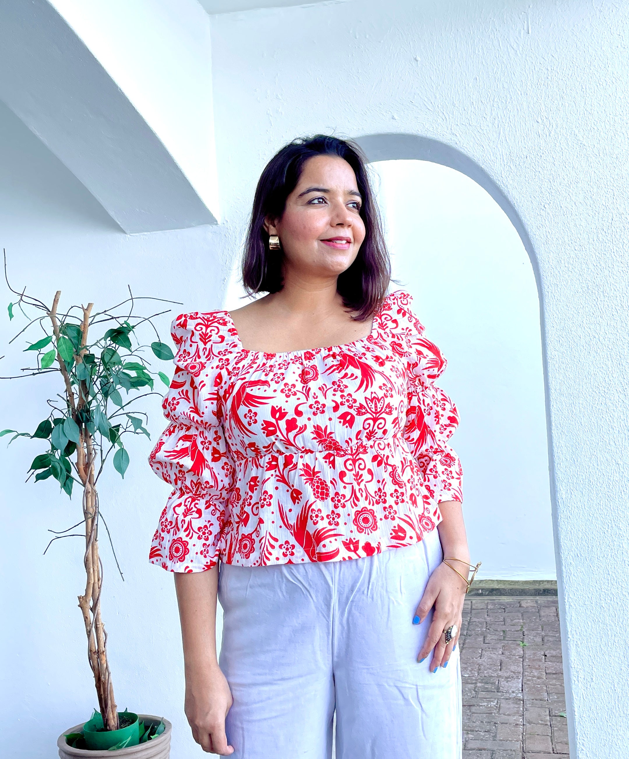 Red and White Printed Top image 0