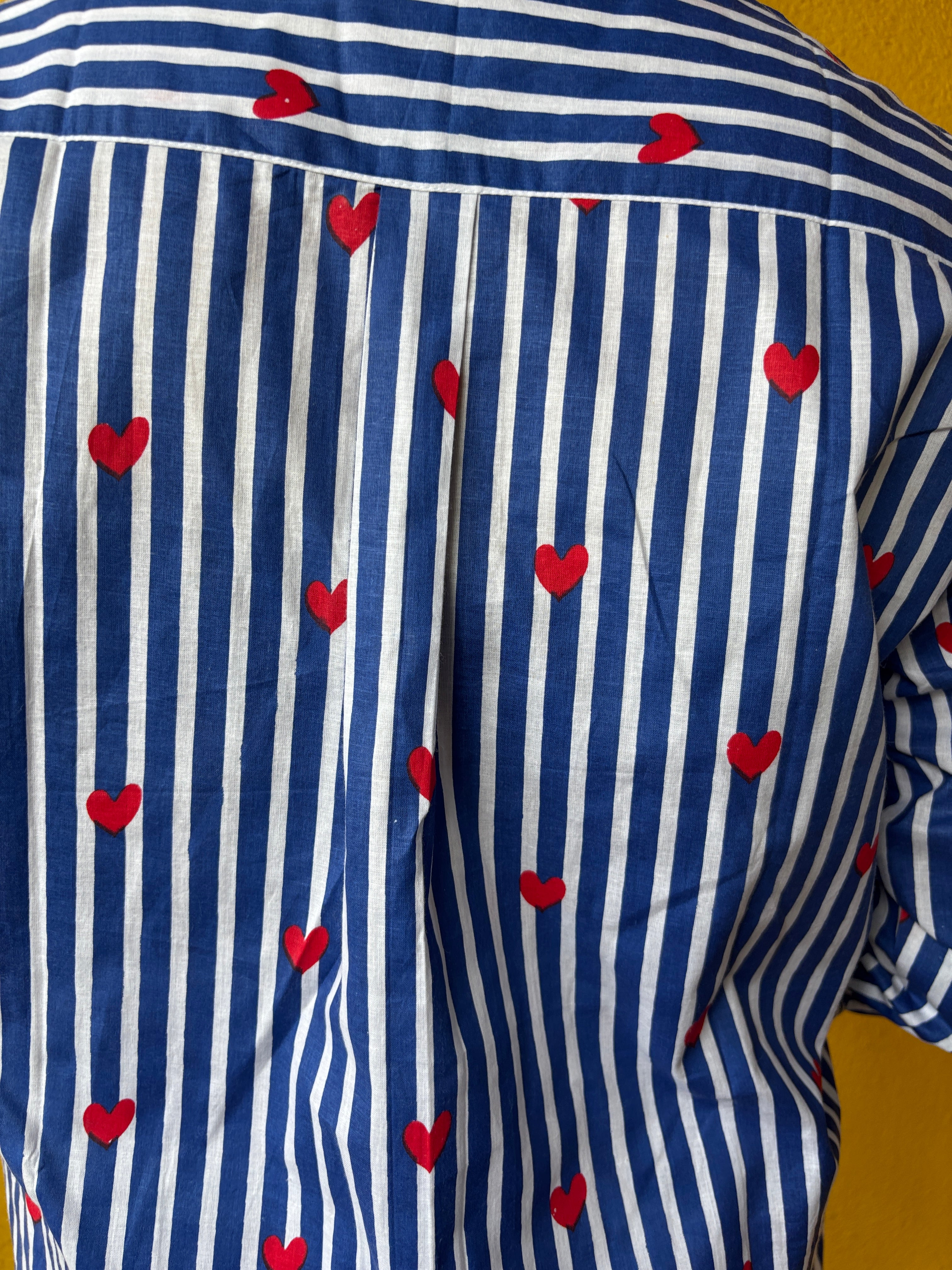 Blue Stripe Heart Print Cotton Shirt for Women