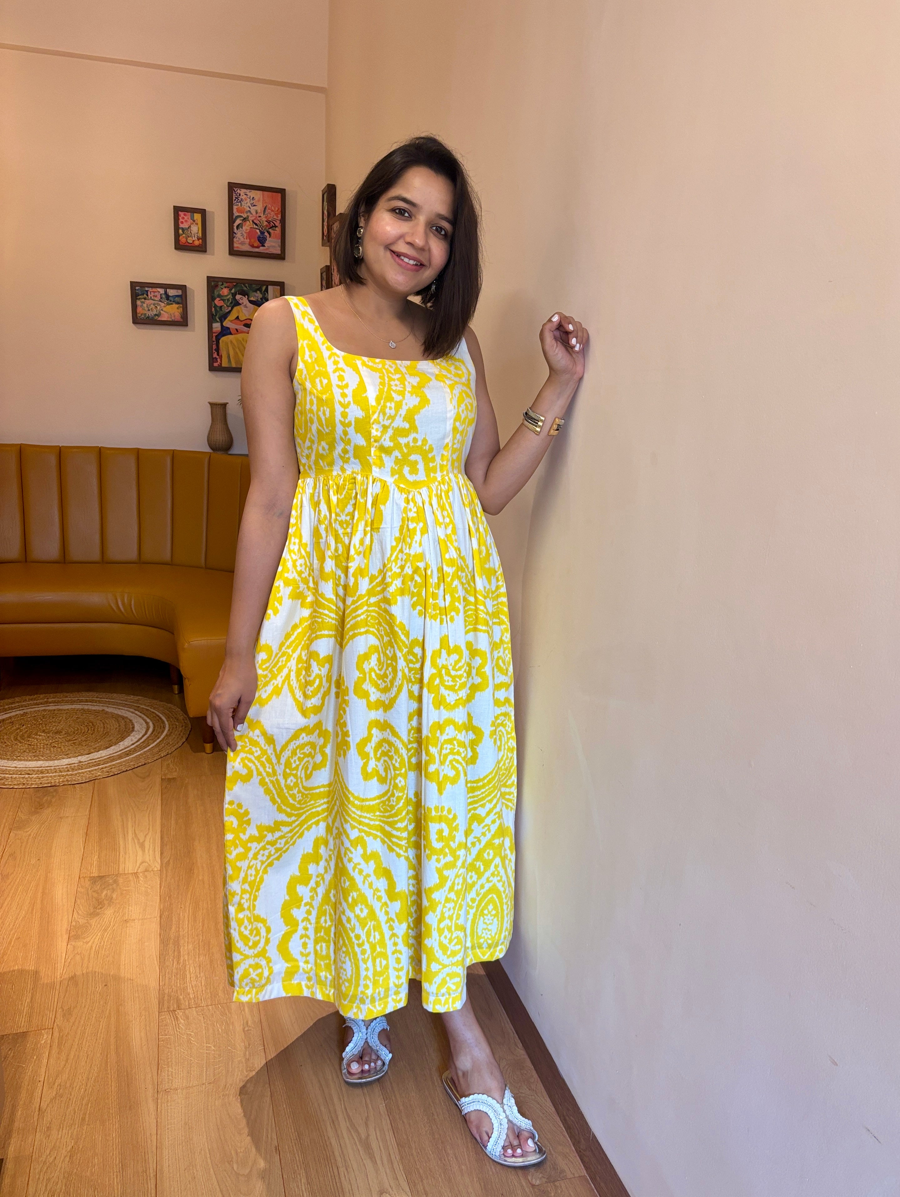 Yellow Printed Cotton Maxi Dress for Women