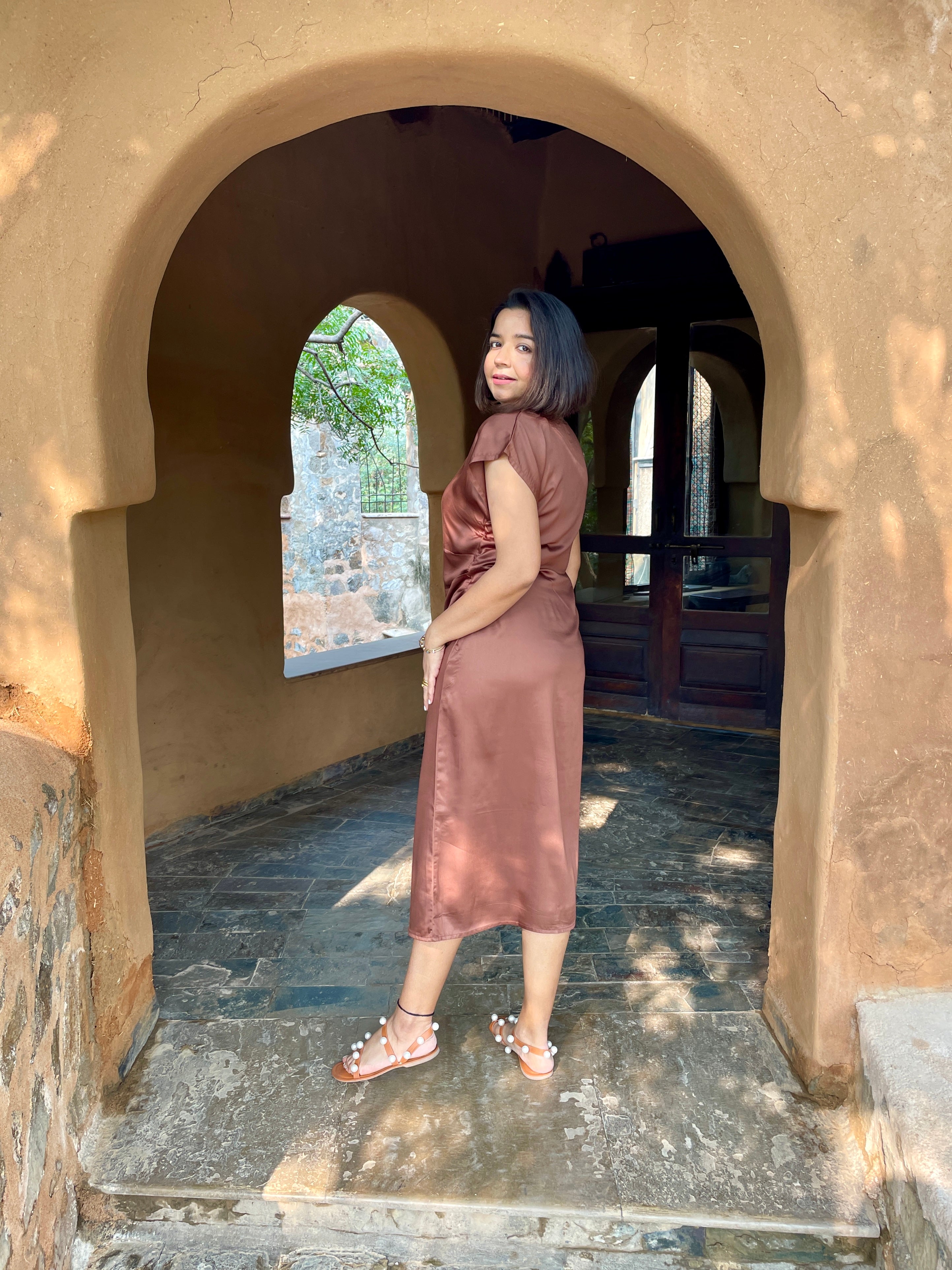 Brown Satin Midi Dress image 1