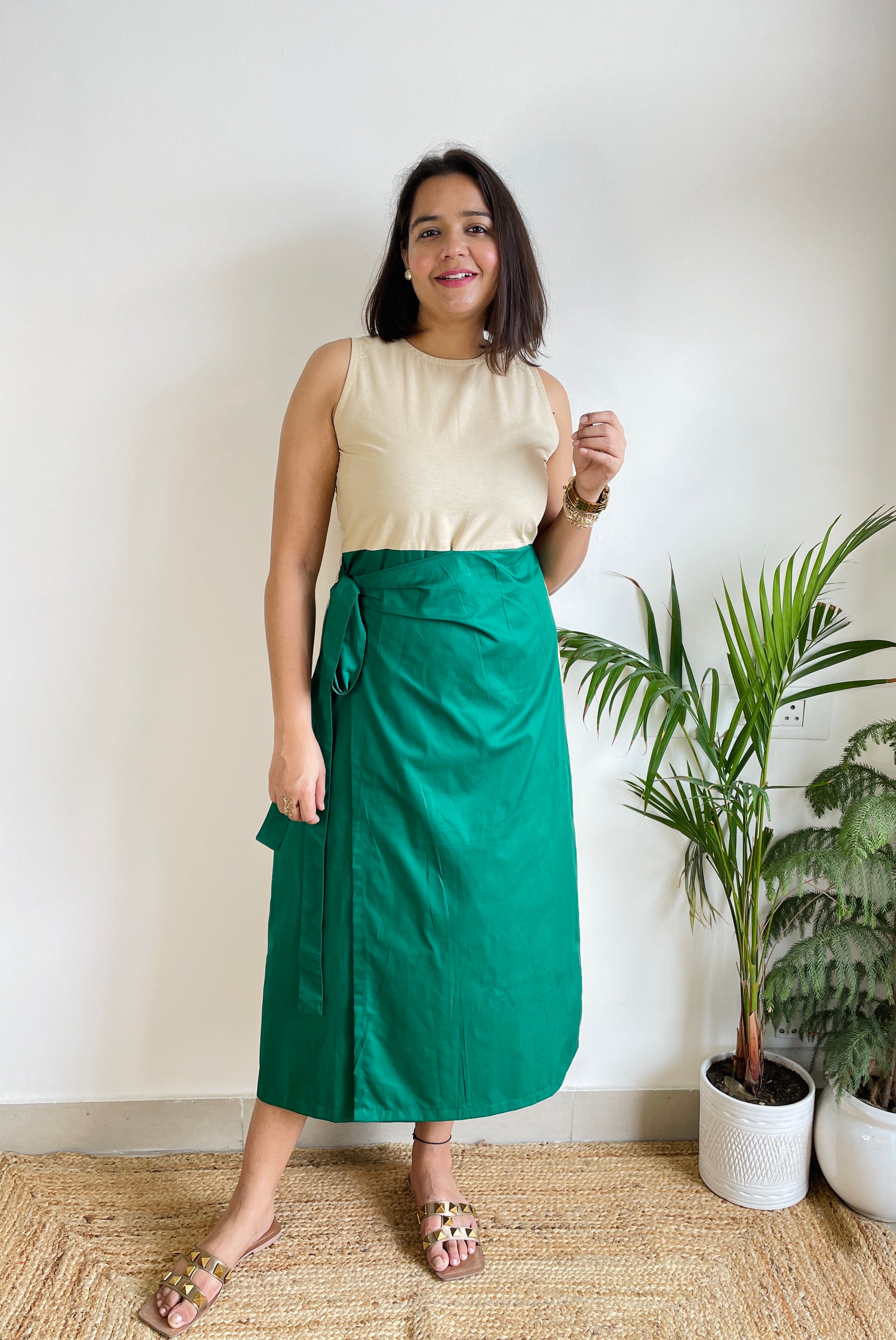 Beige Green Wrap Dress image 1