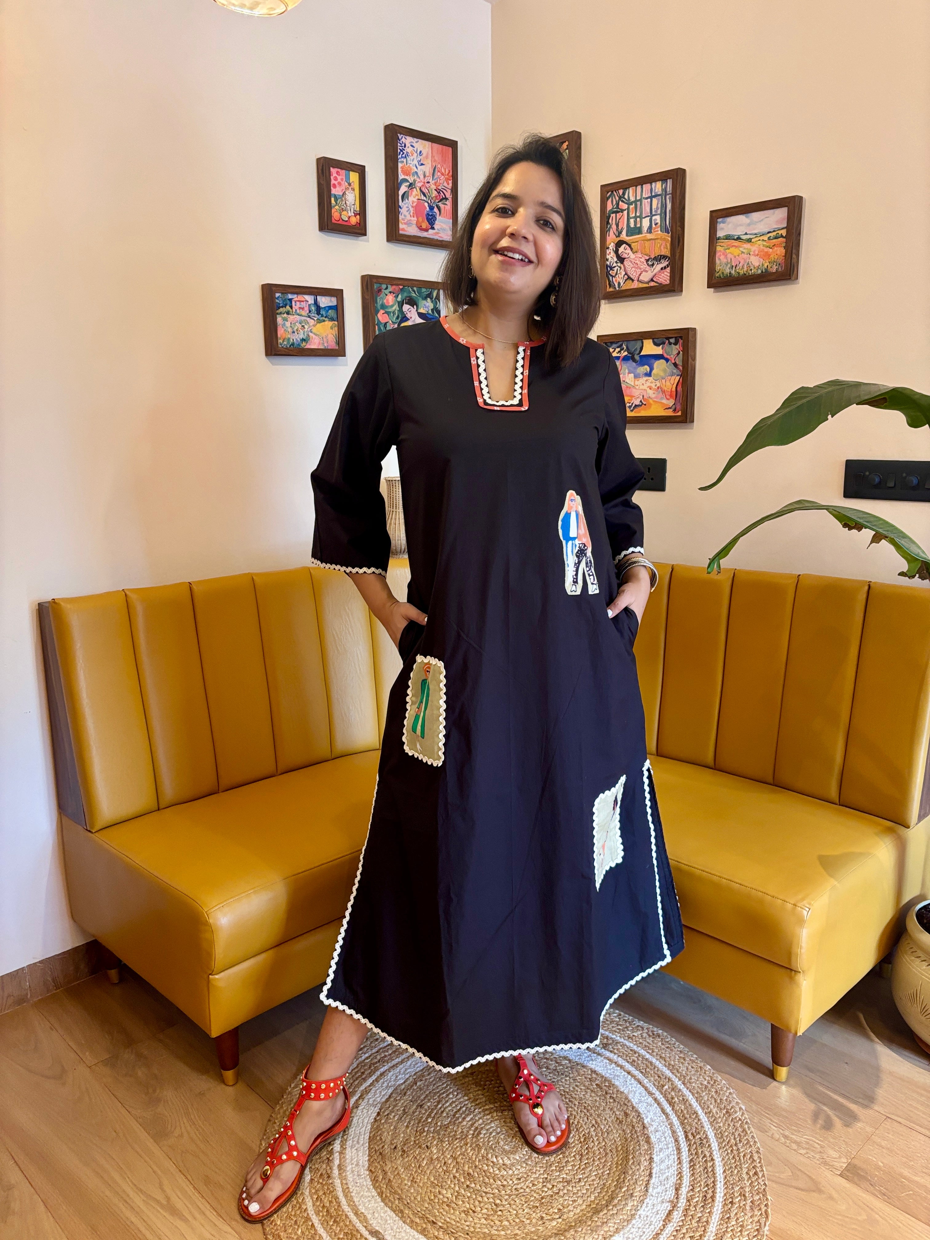 Black Cotton Quirky Applique Maxi Dress