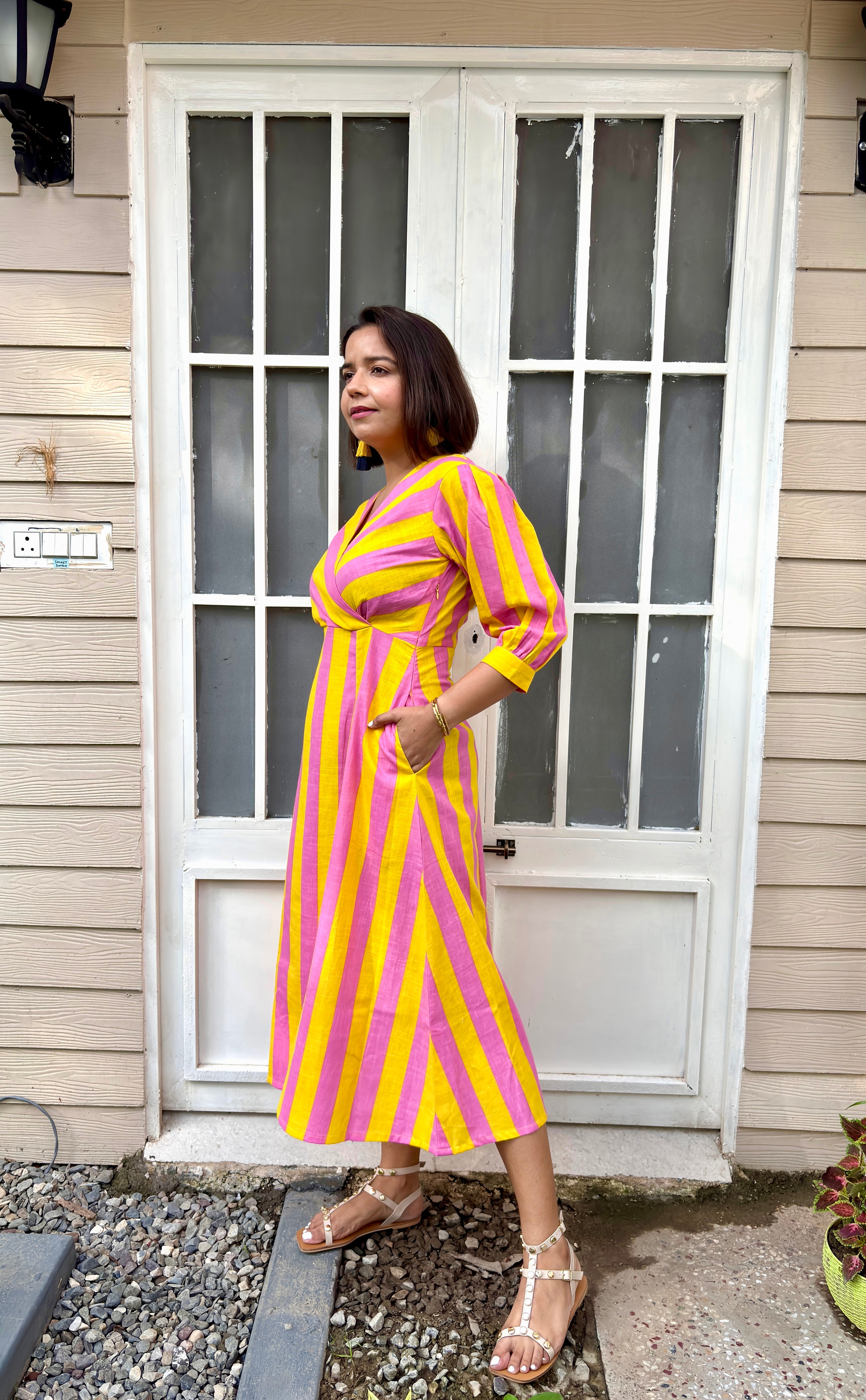 Pink Yellow Stripe Linen Cotton Midi Dress