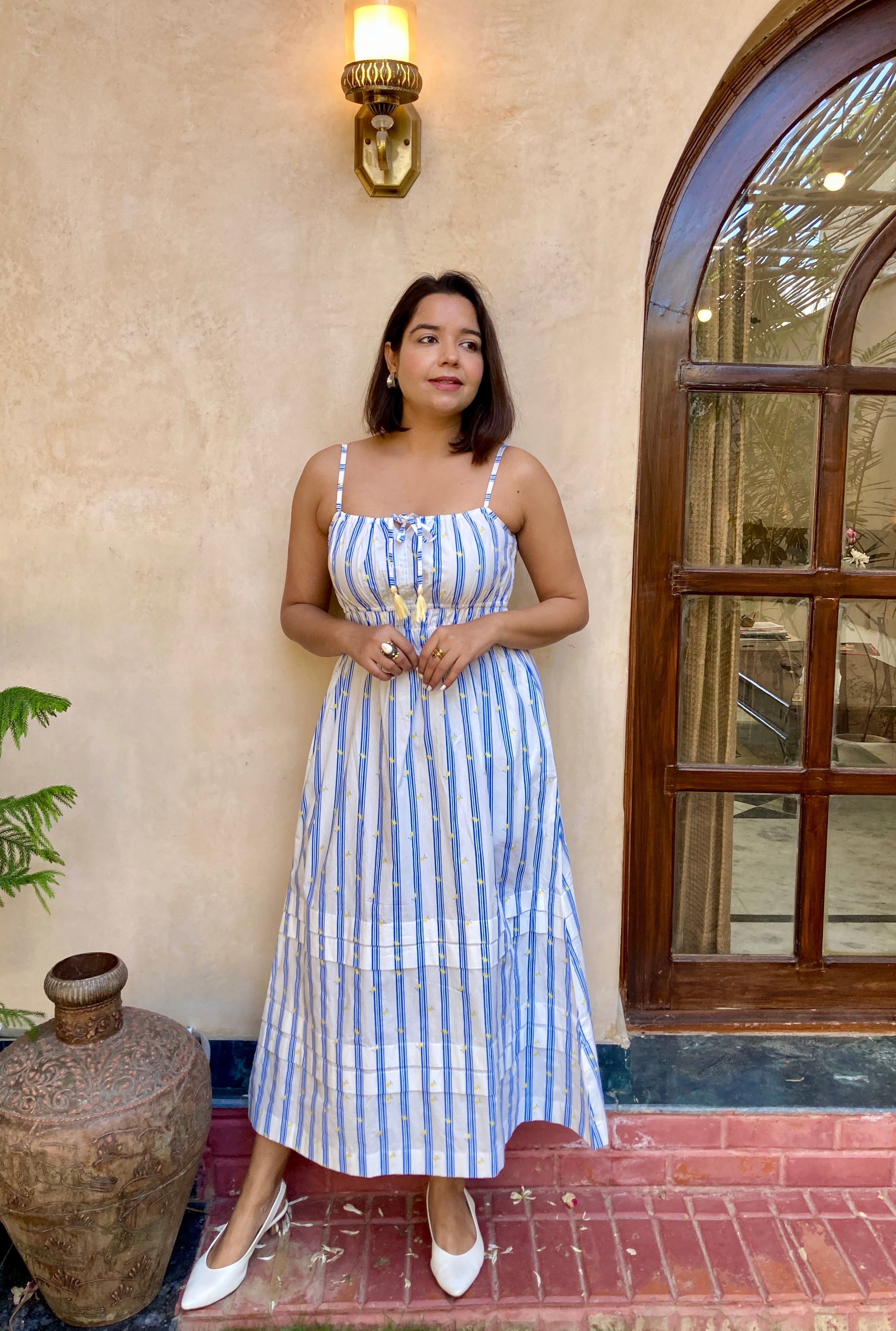 White Stripe Cinched Waist Midi Dress image 0