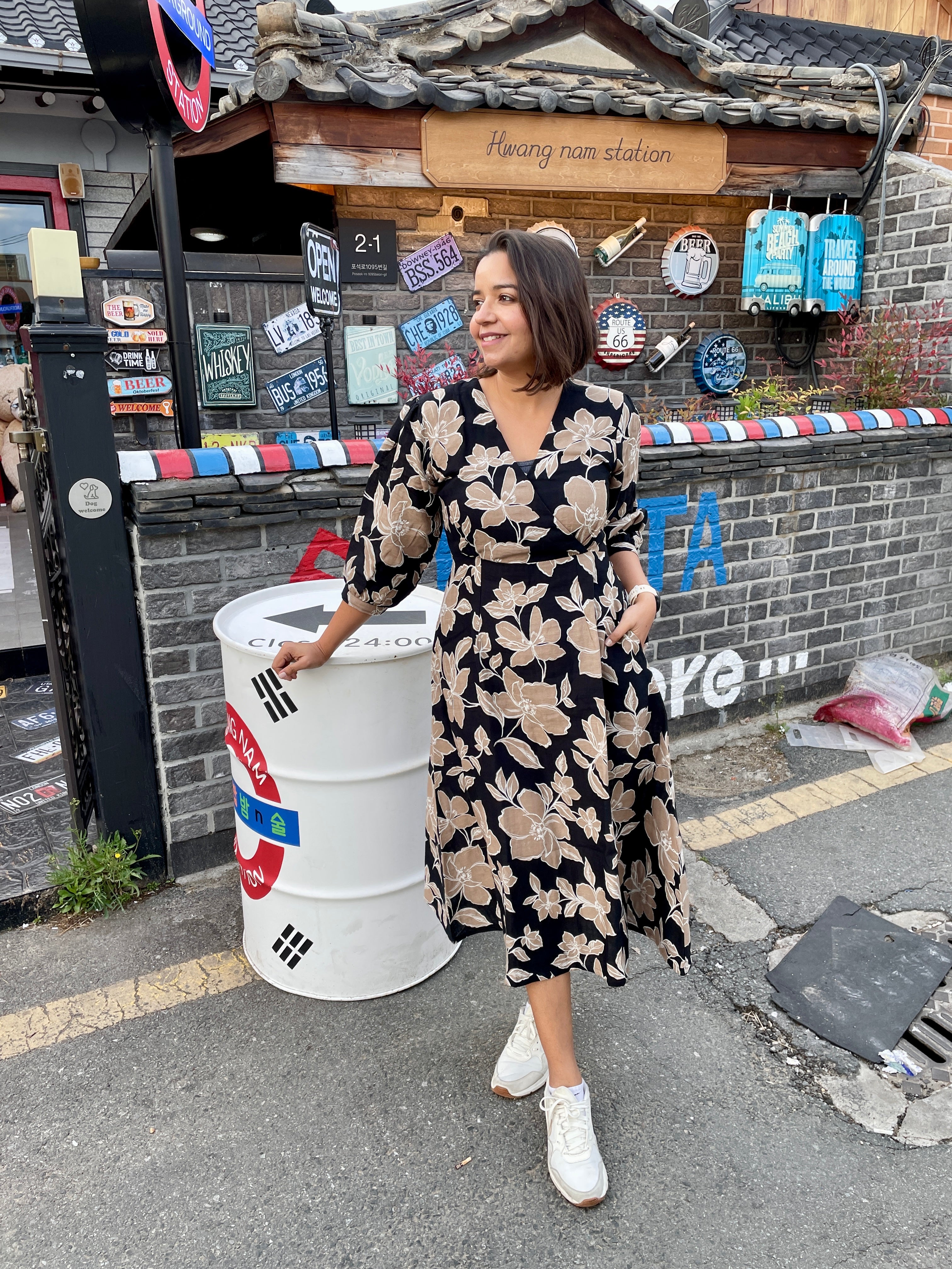 Beige Black Floral Midi Dress image 0
