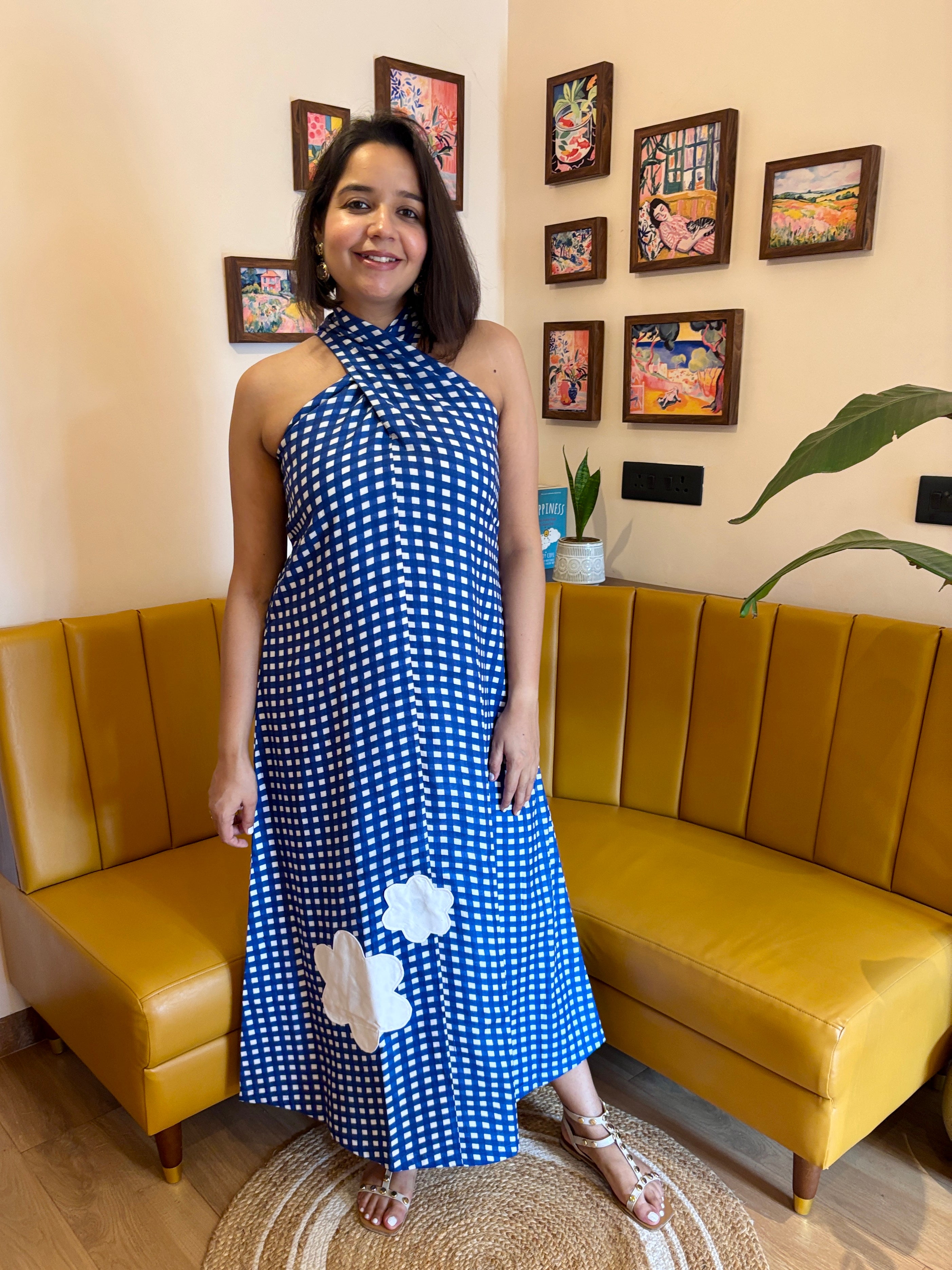 Blue Gingham Twist Halter Applique Maxi Dress