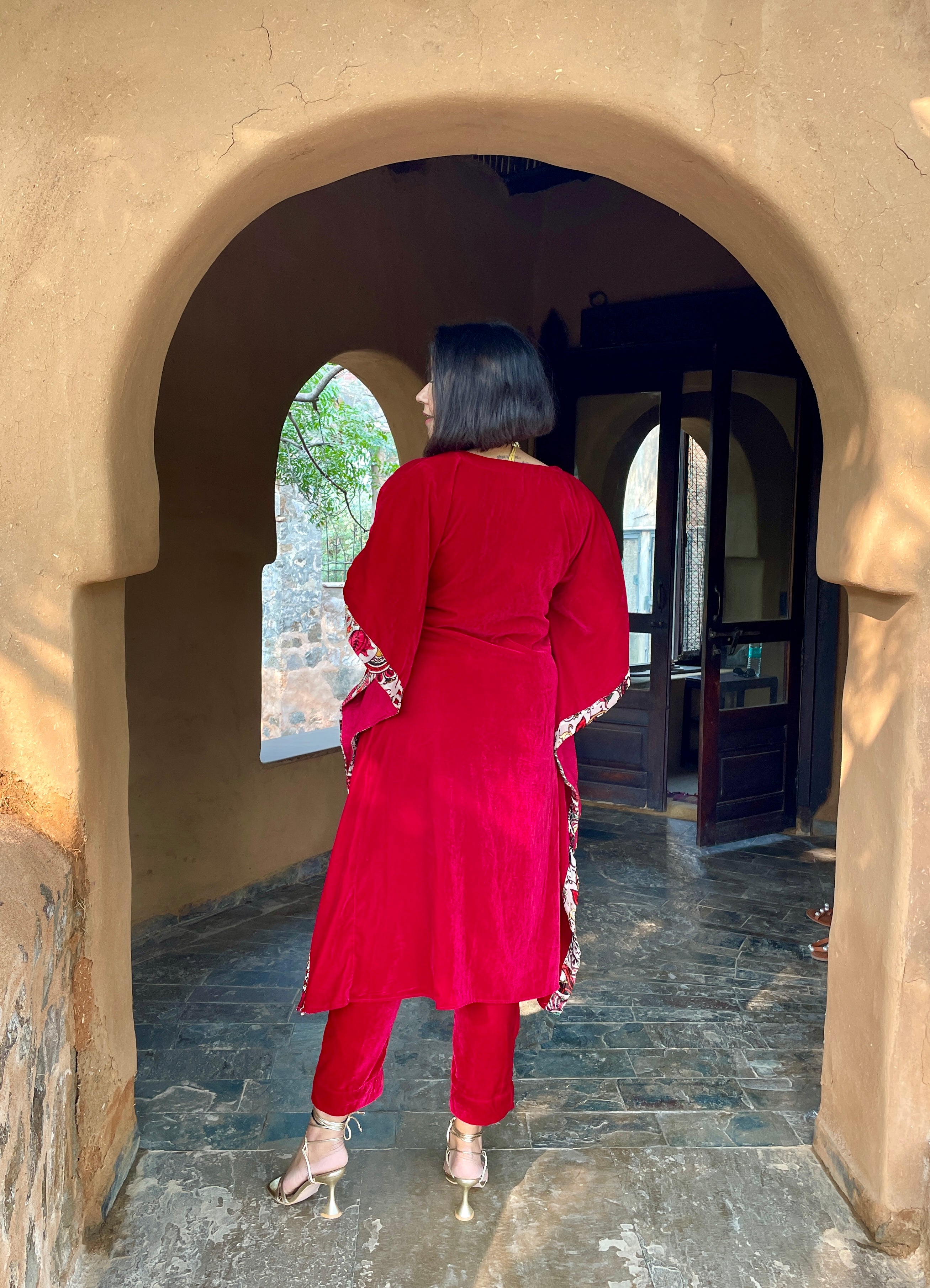 Red Velvet Kaftan Kurta Set image 1