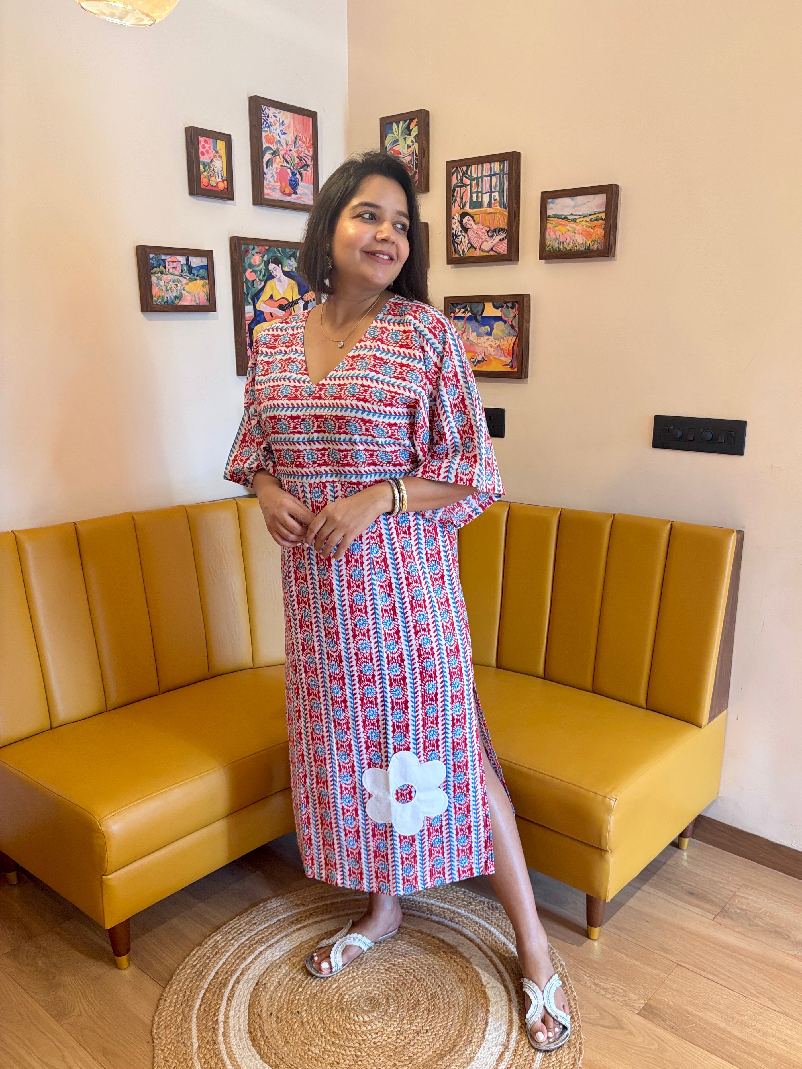 Red Applique Kaftan Midi Dress