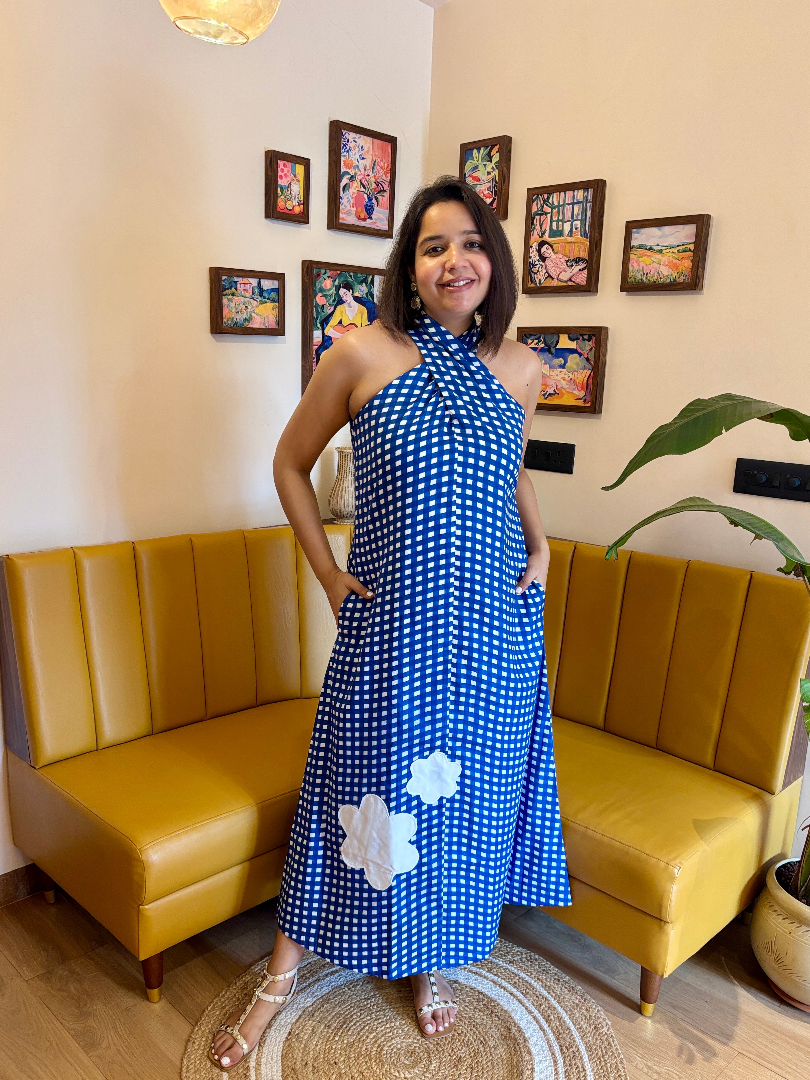 Blue Gingham Twist Halter Applique Maxi Dress