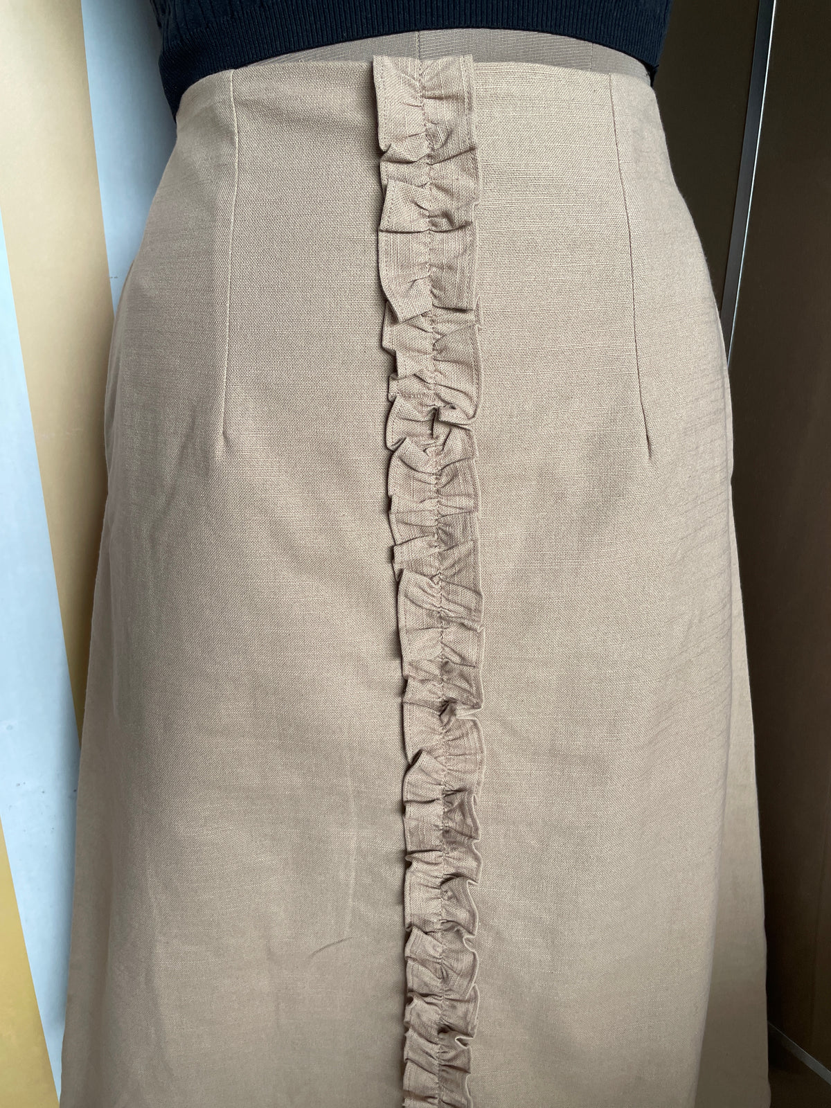 Beige Cotton Midi Skirt with Ruffle Detail