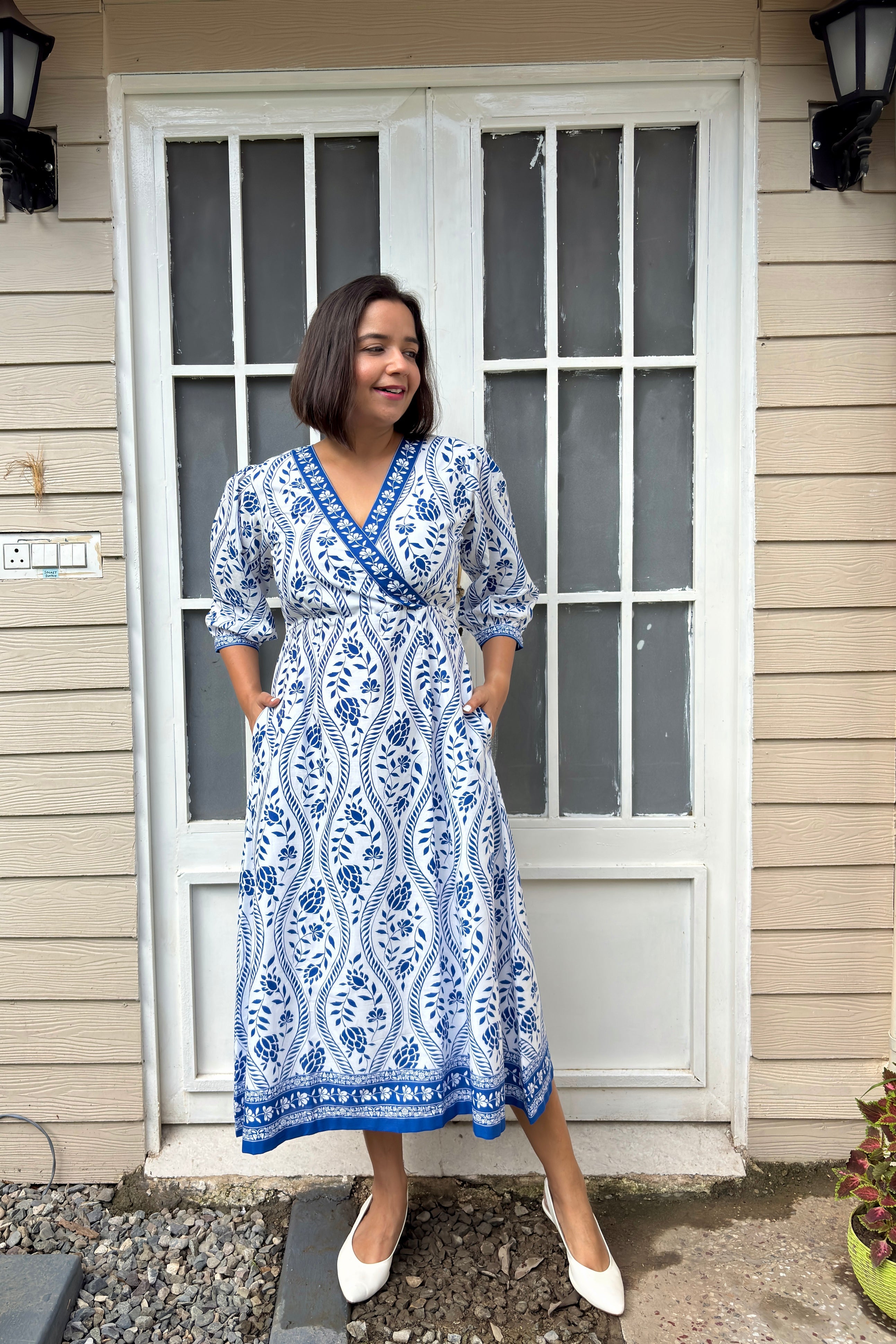 White Blue Printed Cotton Midi Dress image 0